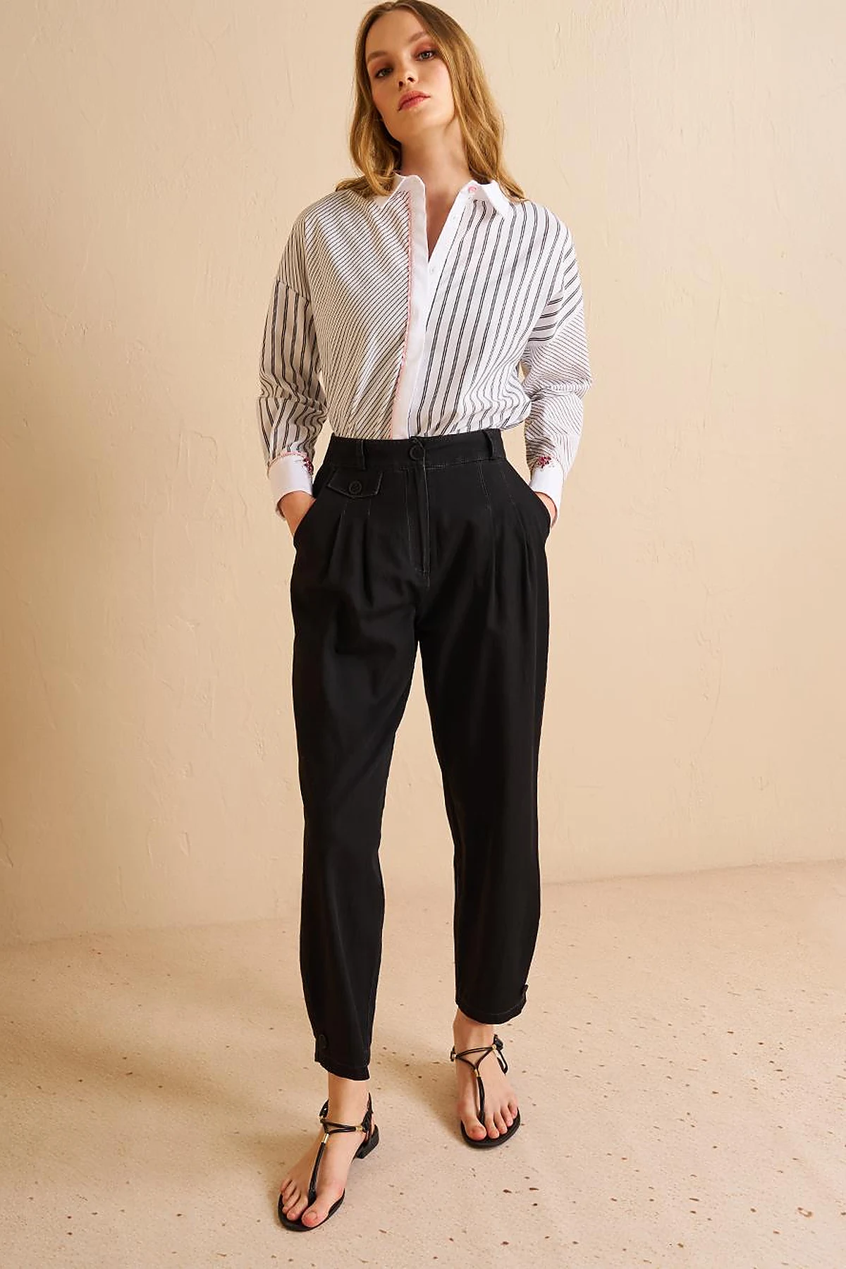 Button-Hem Denim-Effect Pants Black