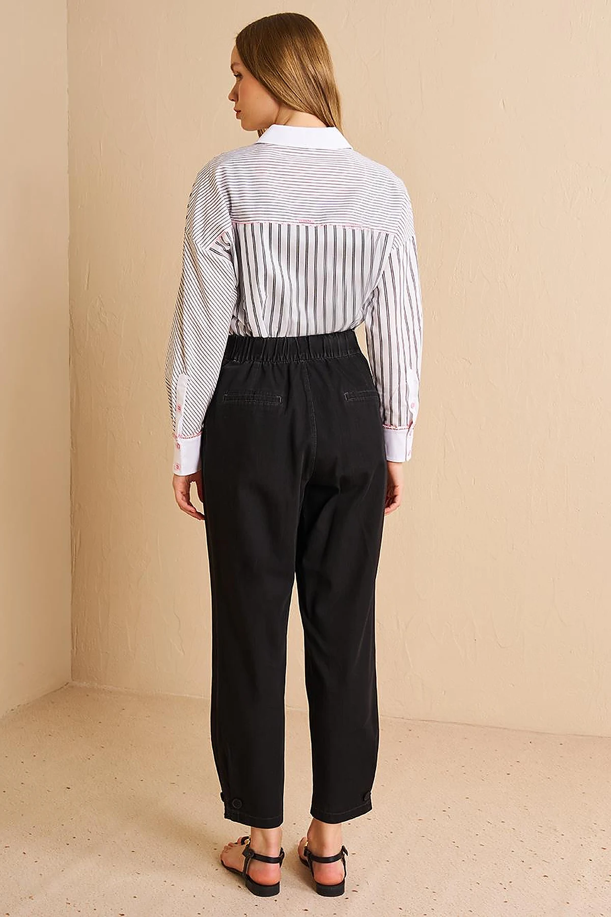 Button-Hem Denim-Effect Pants Black