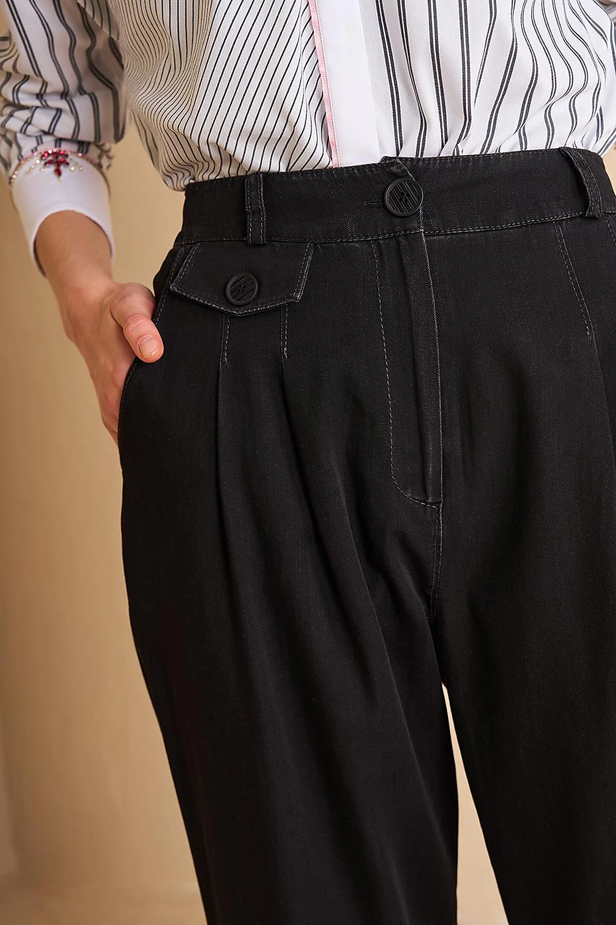 Button-Hem Denim-Effect Pants Black
