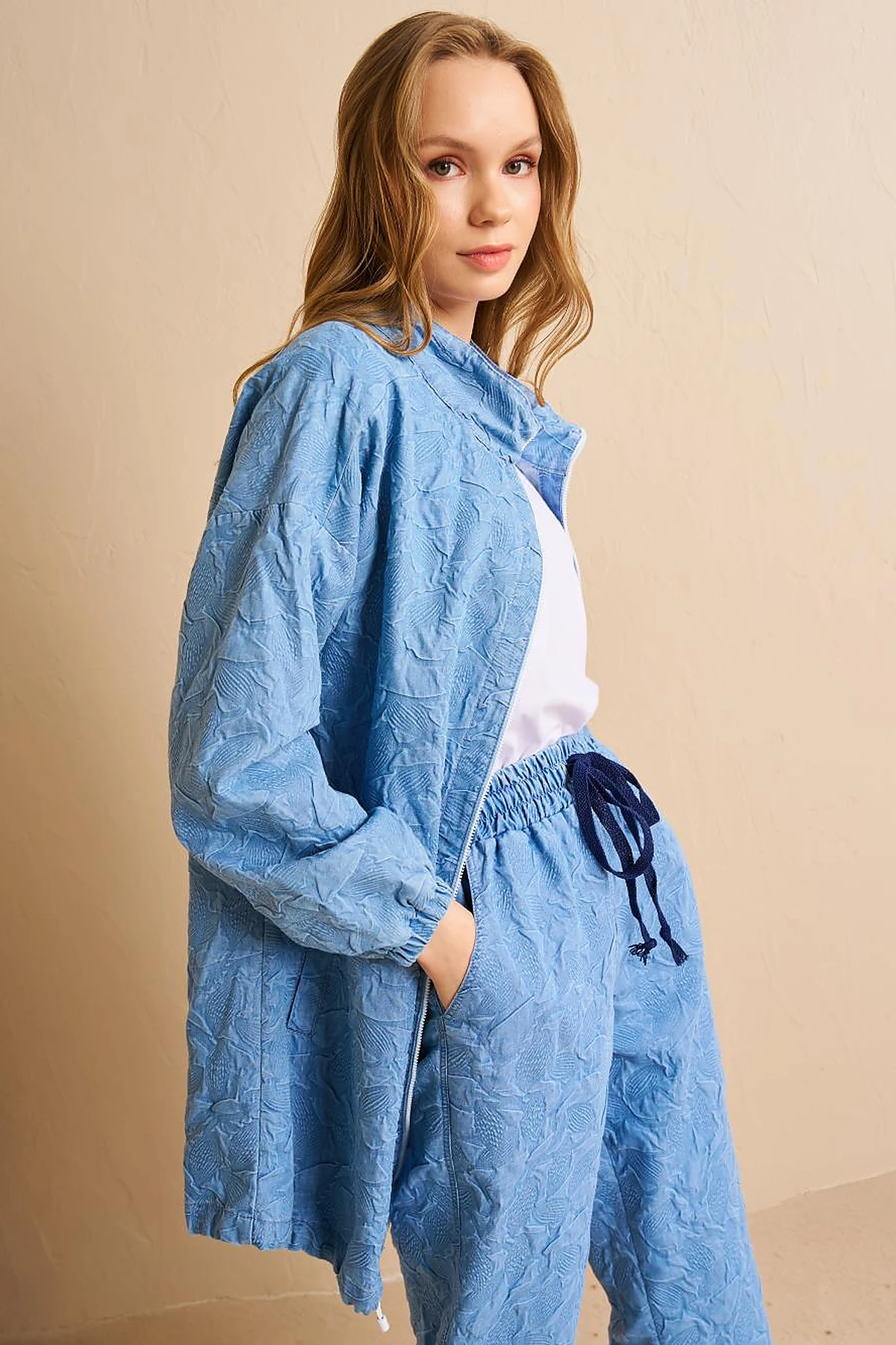 Drawstring Neck Denim-Effect Tunic Blue