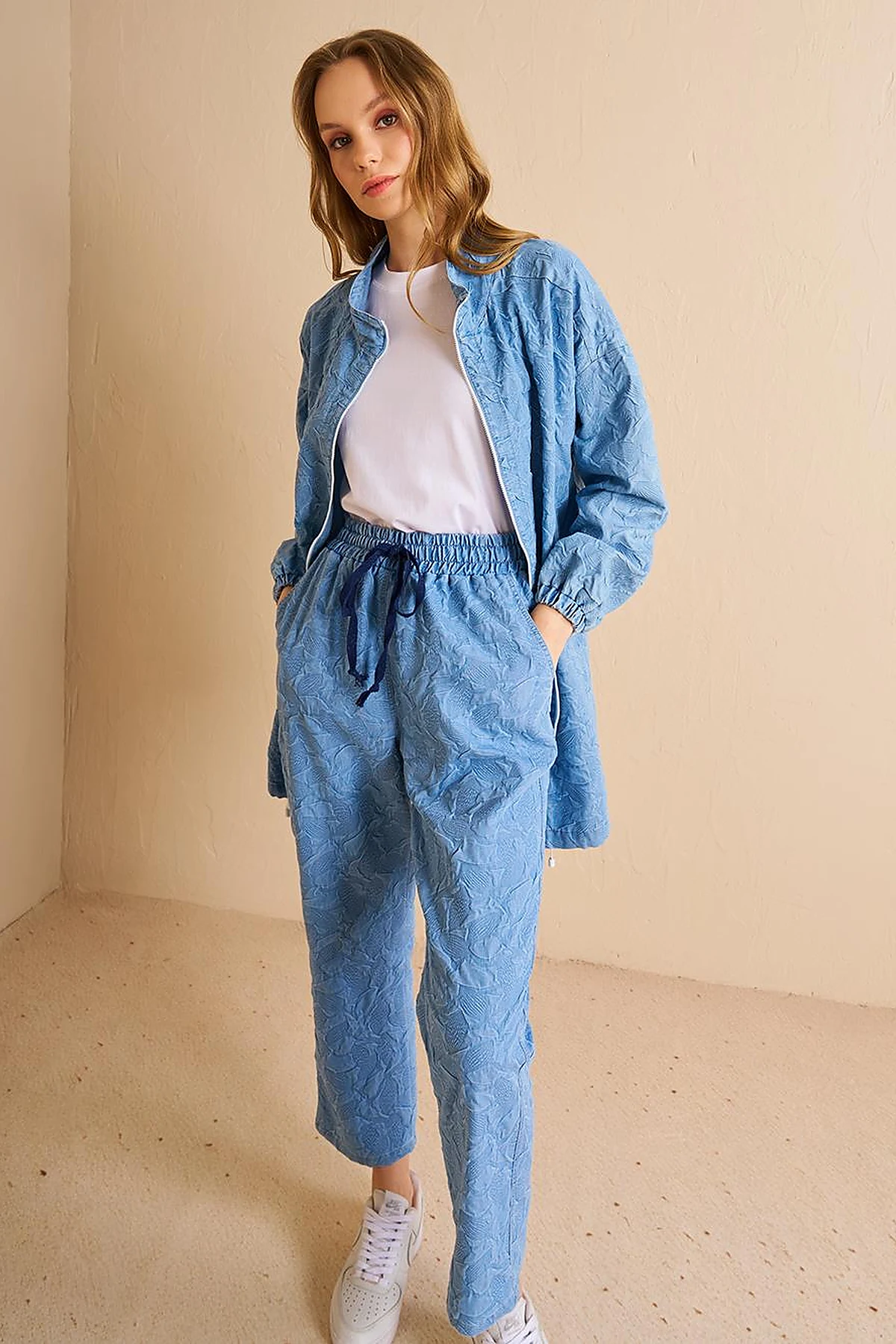 Drawstring Neck Denim-Effect Tunic Blue