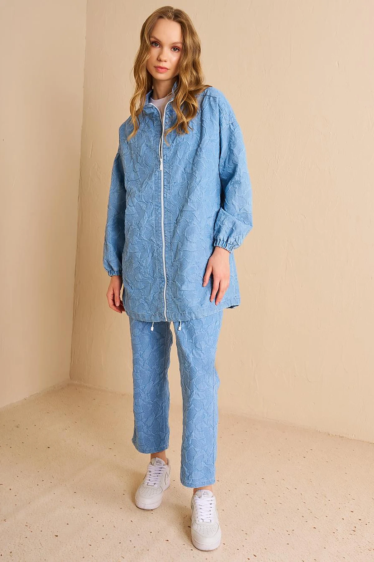 Drawstring Neck Denim-Effect Tunic Blue