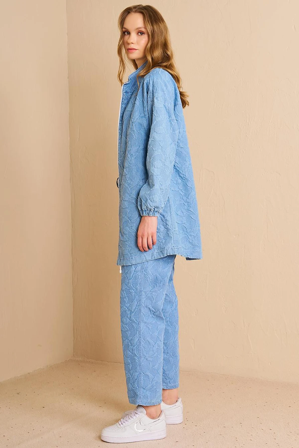 Drawstring Neck Denim-Effect Tunic Blue