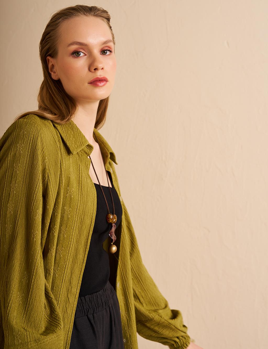 Hidden Embossed Placket Tunic Khaki