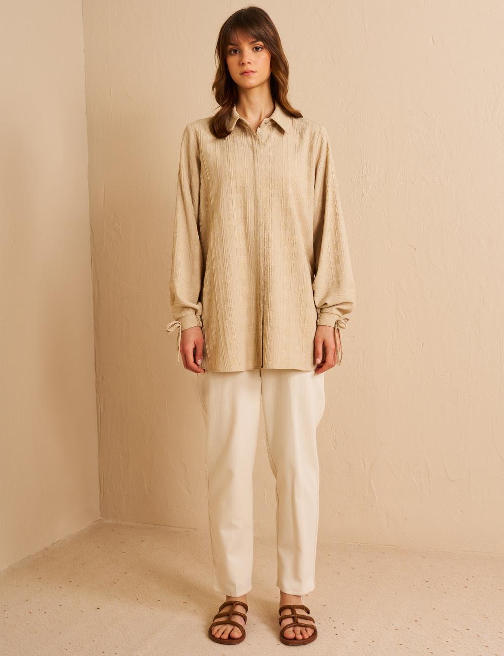 Hidden Embossed Placket Tunic Cream