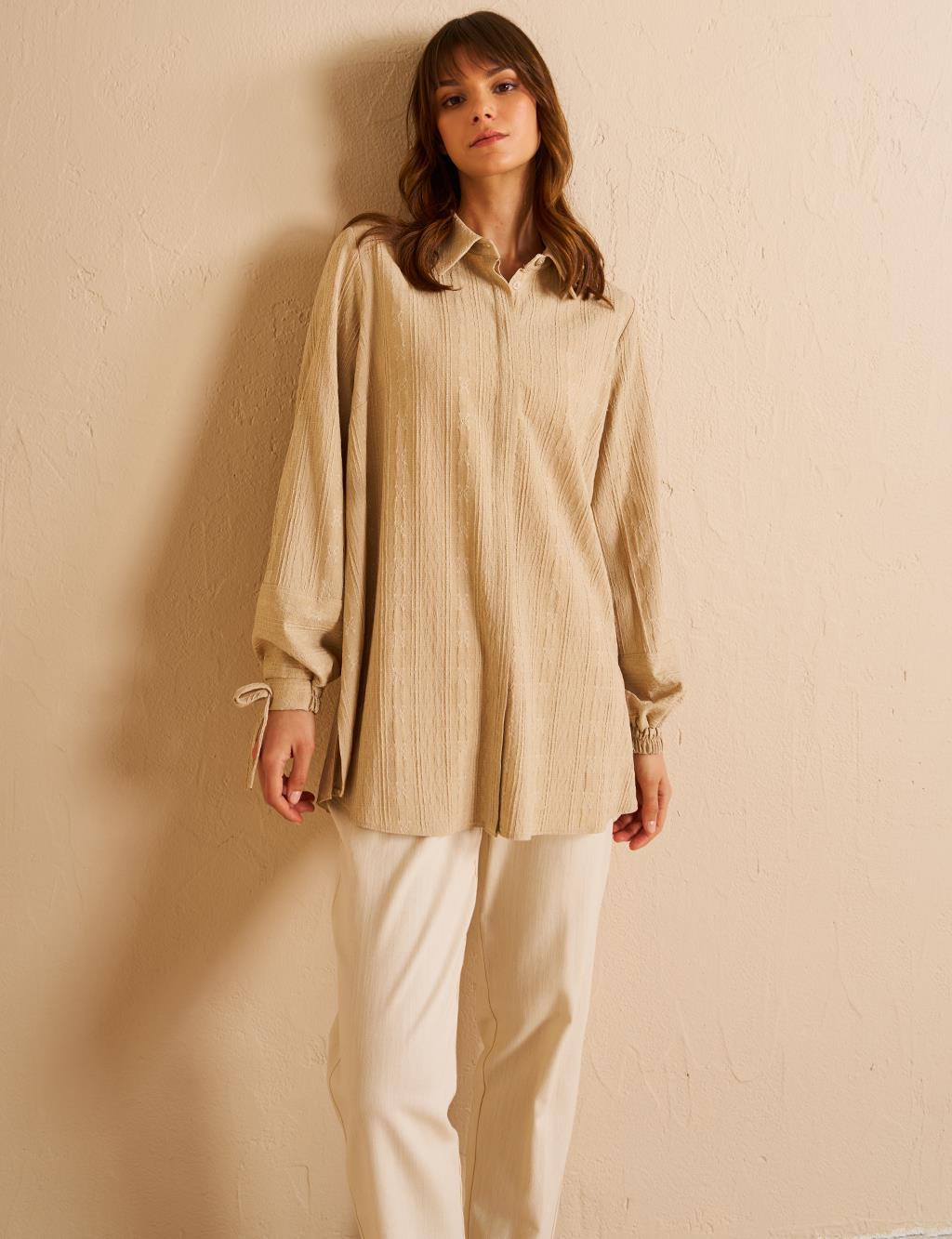 Hidden Embossed Placket Tunic Cream