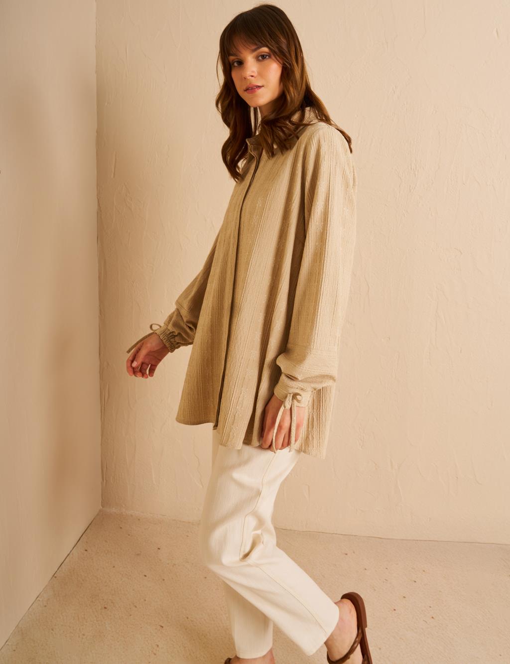 Hidden Embossed Placket Tunic Cream