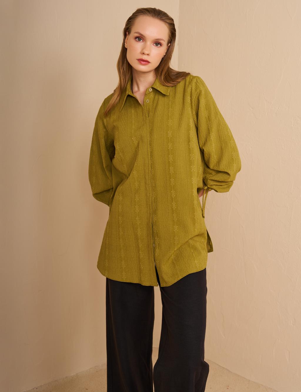 Hidden Embossed Placket Tunic Khaki