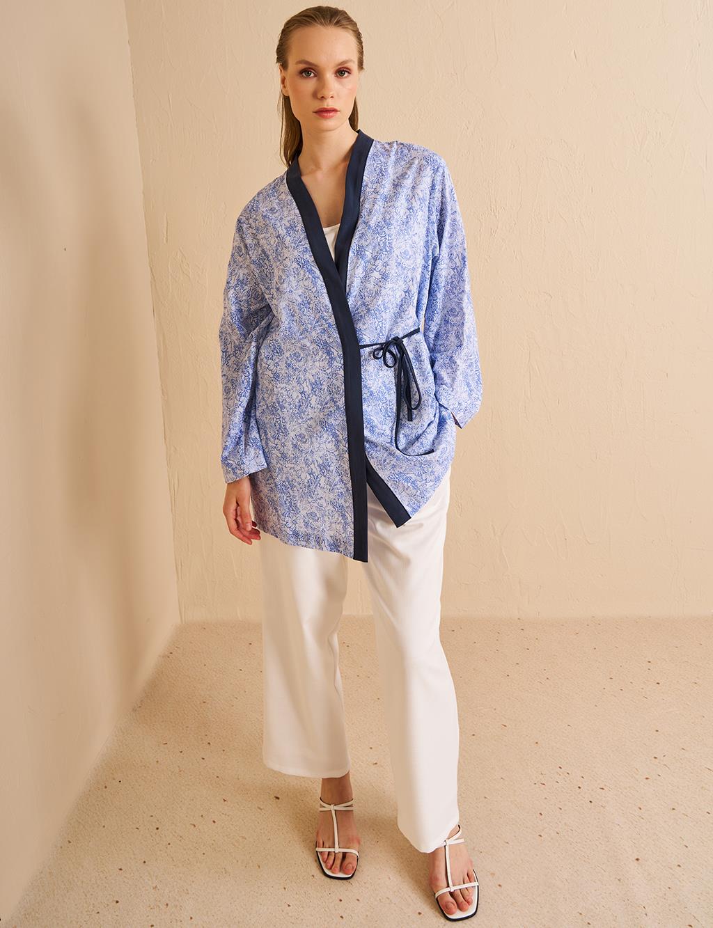 Double Breasted Tie Cotton Kimono Aviator Blue