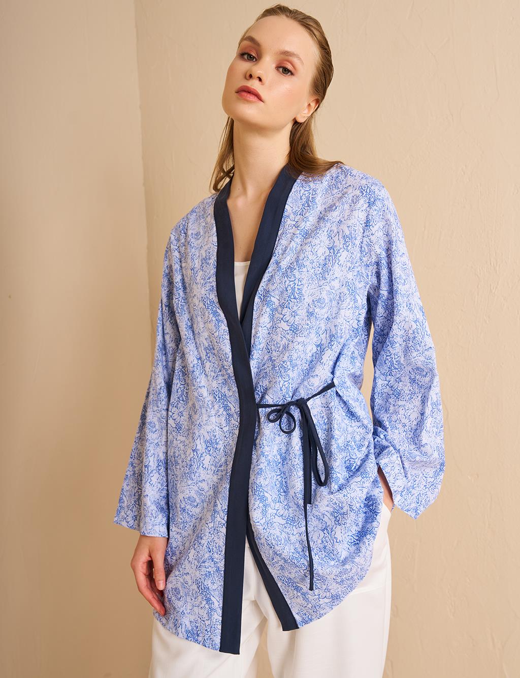 Double Breasted Tie Cotton Kimono Aviator Blue