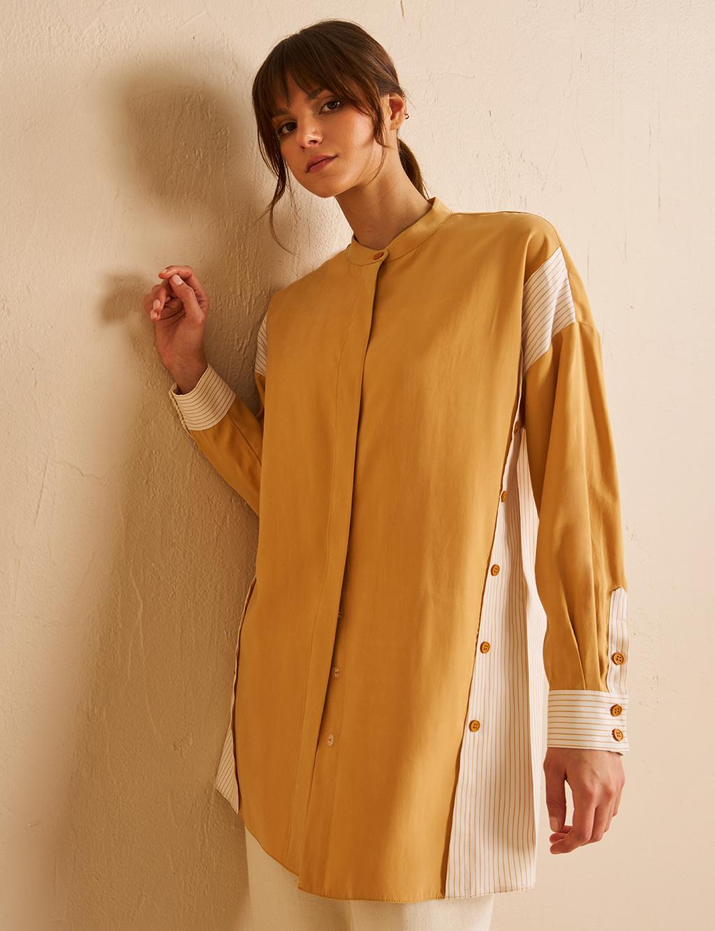 Button Detailed Mandarin Collar Tunic Saffron