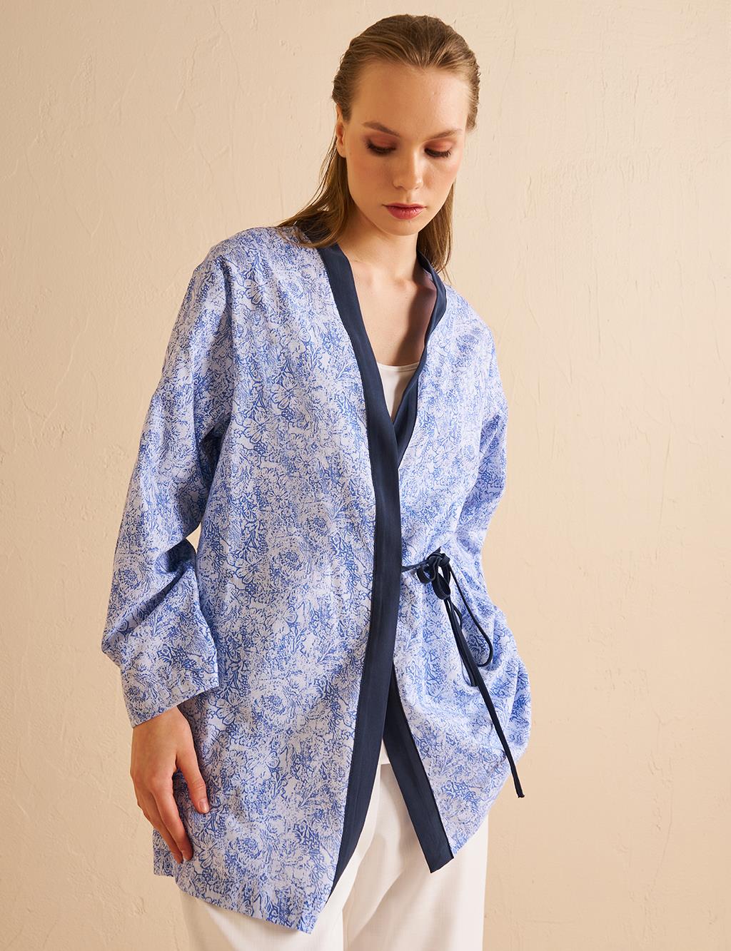 Double Breasted Tie Cotton Kimono Aviator Blue
