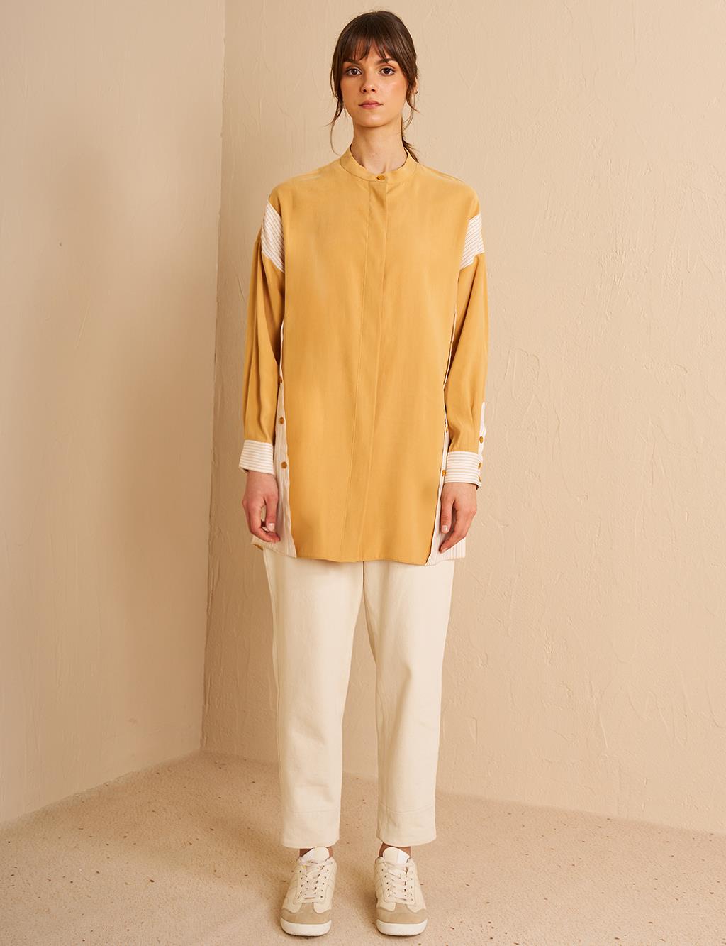 Button Detailed Mandarin Collar Tunic Saffron