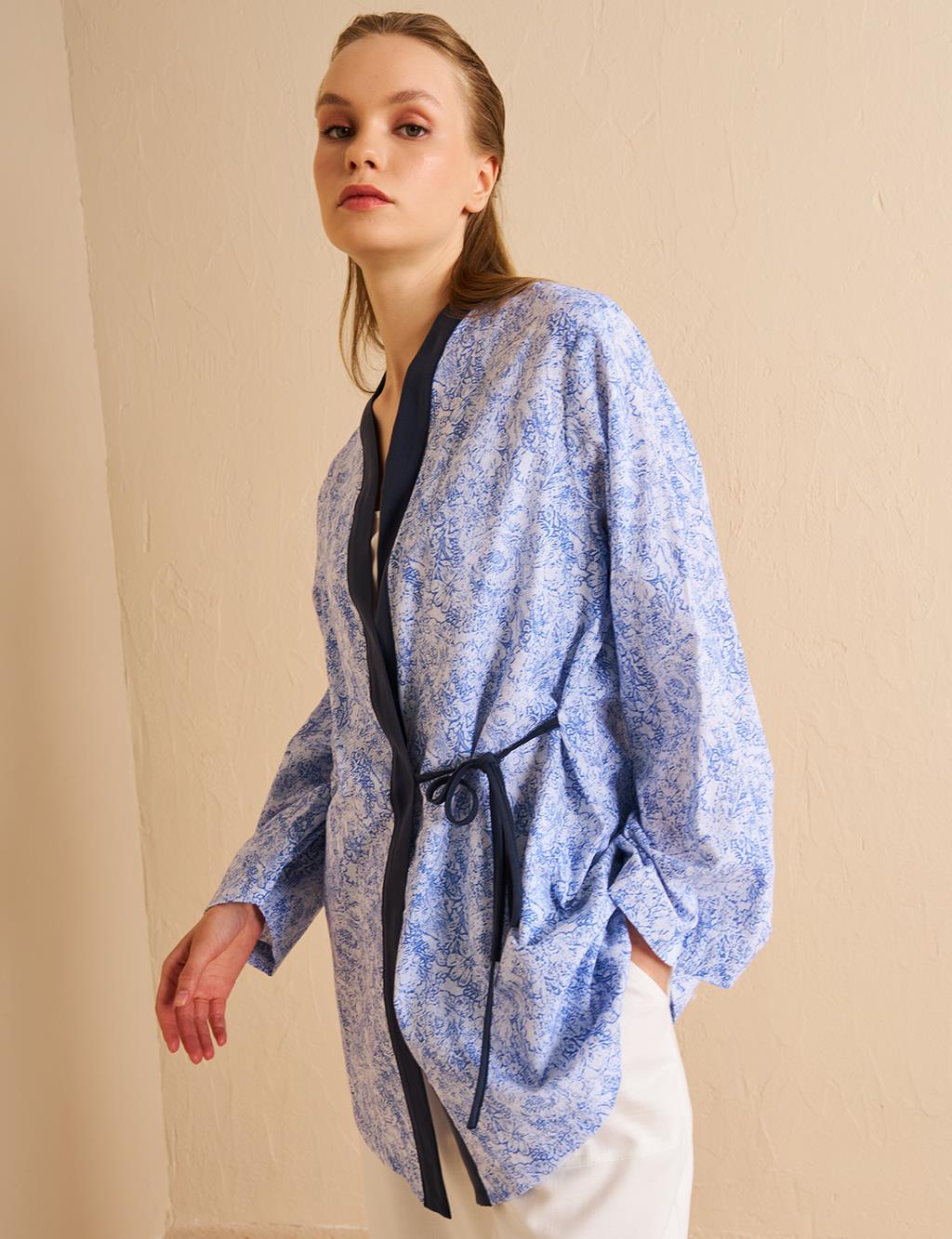 Double Breasted Tie Cotton Kimono Aviator Blue