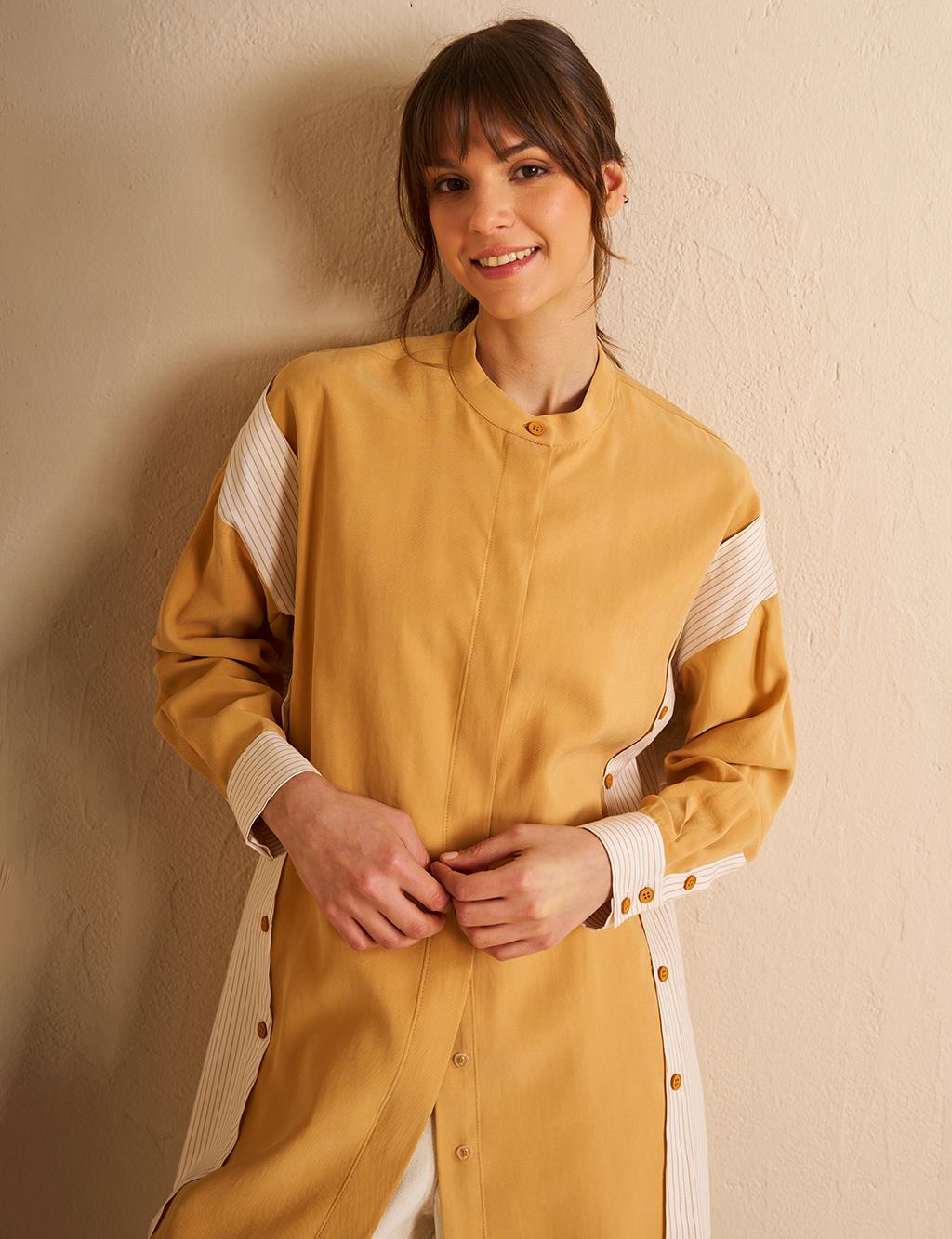 Button Detailed Mandarin Collar Tunic Saffron