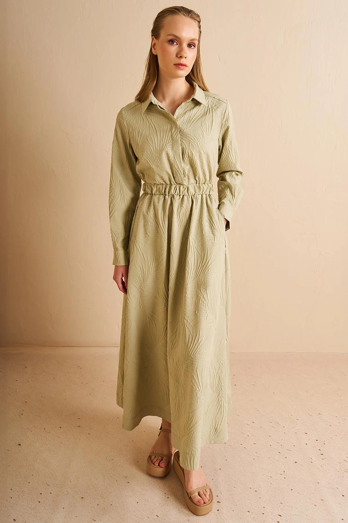 Shirt Collar Maxi Dress Mold Green