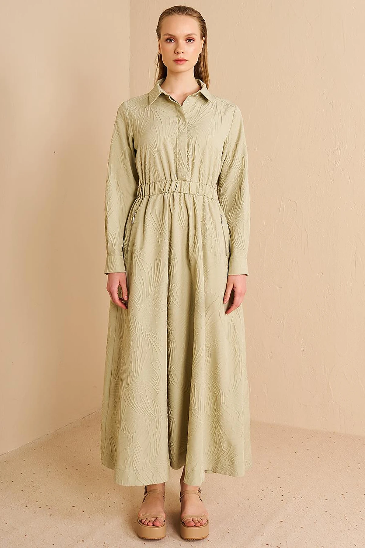 Shirt Collar Maxi Dress Mold Green