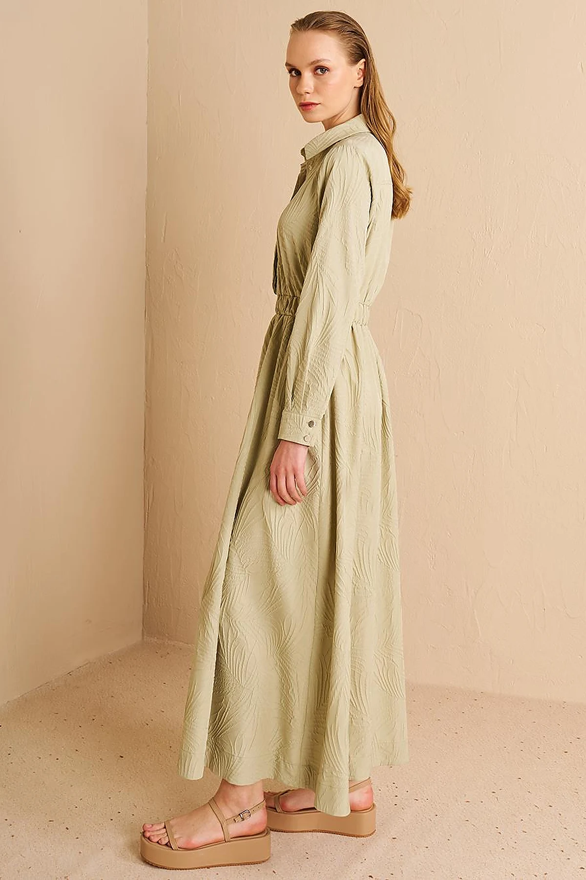 Shirt Collar Maxi Dress Mold Green