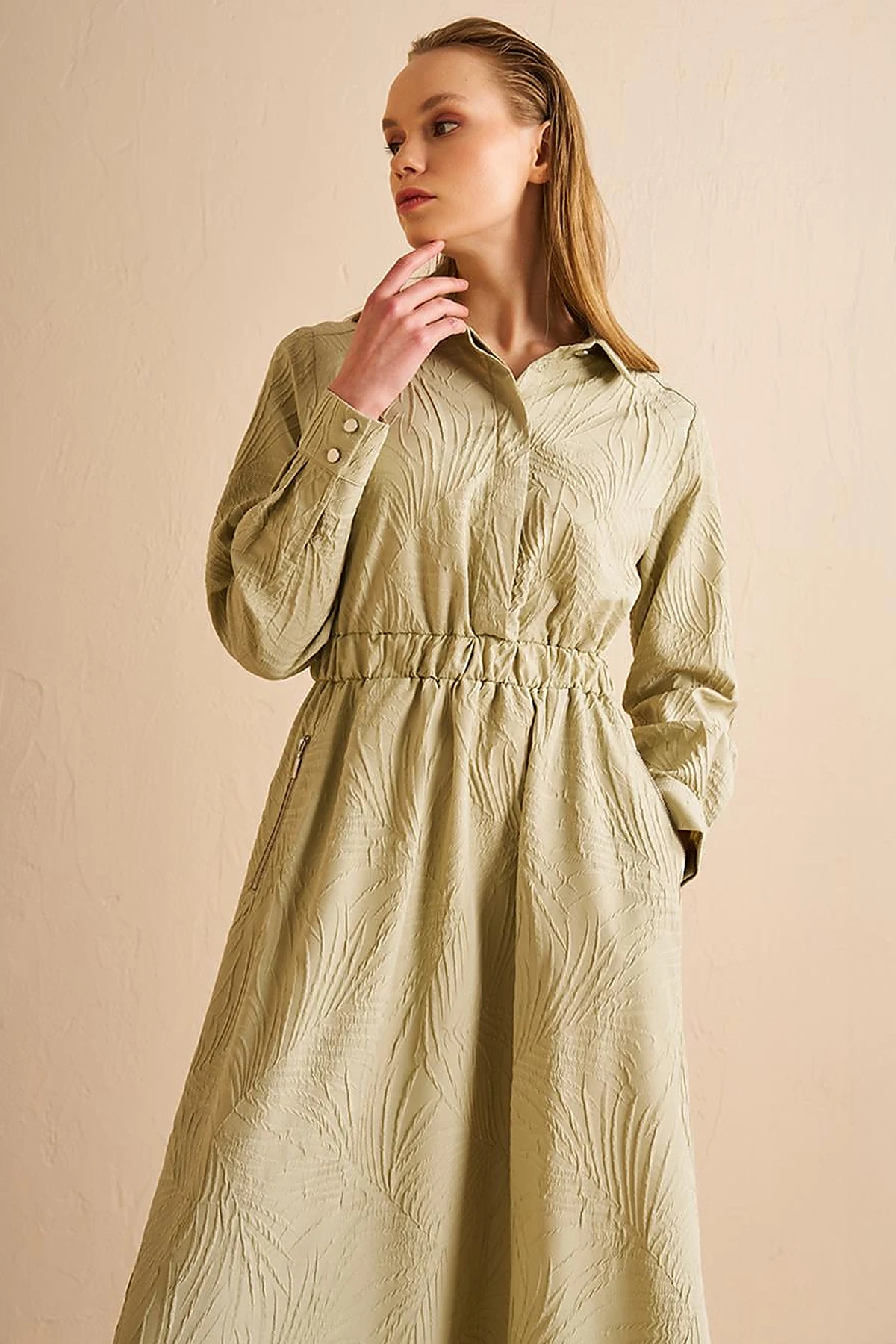Shirt Collar Maxi Dress Mold Green