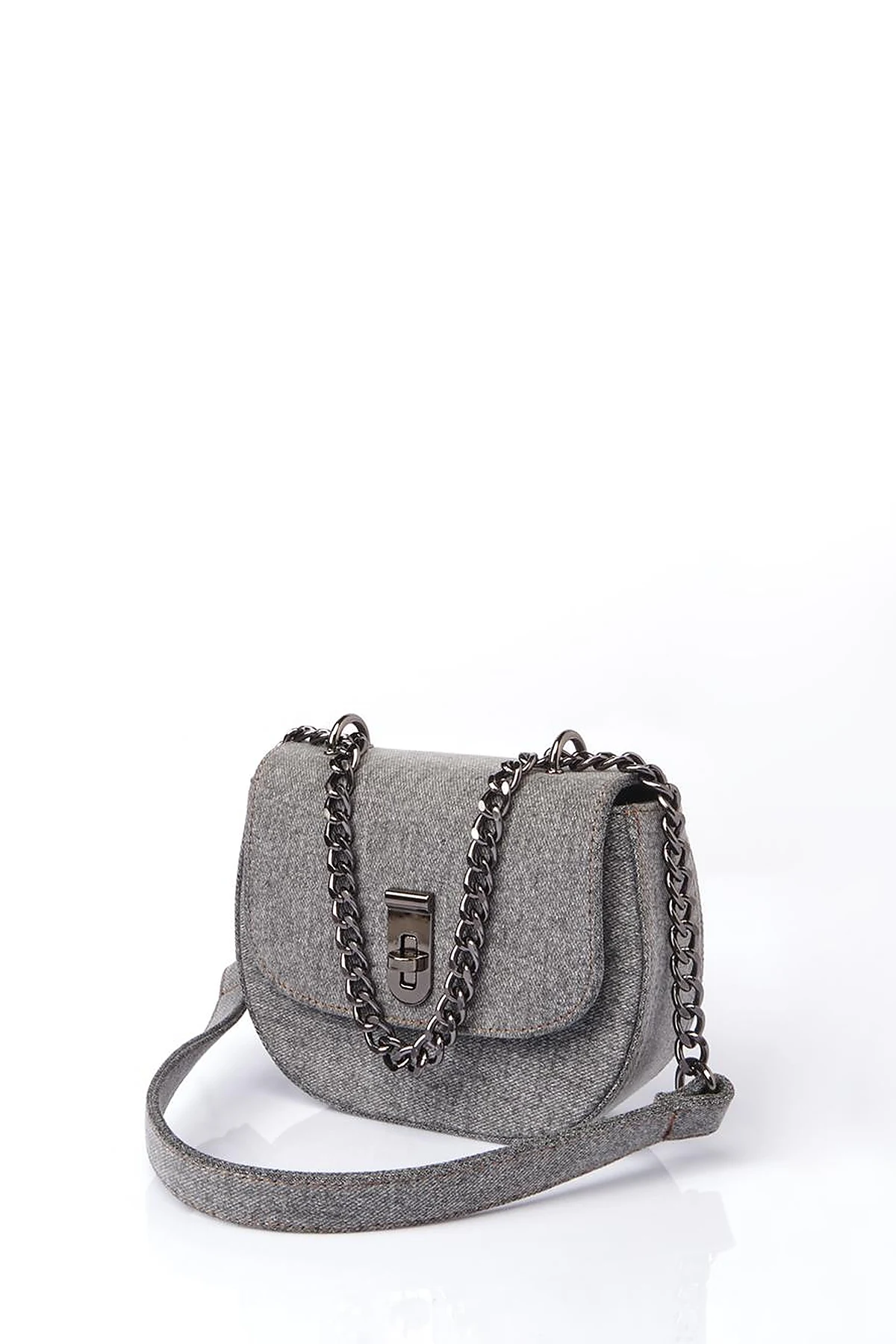 Lidded Denim Shoulder Bag Gray