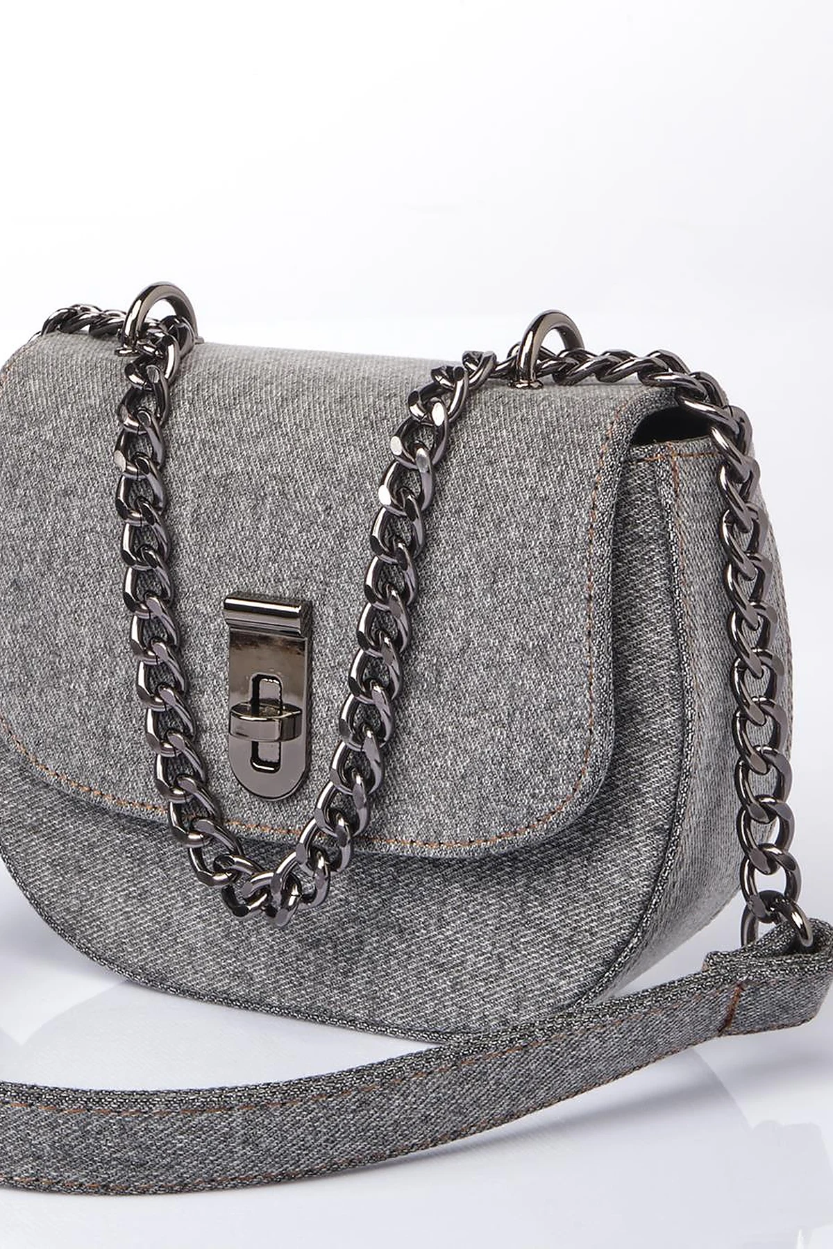 Lidded Denim Shoulder Bag Gray