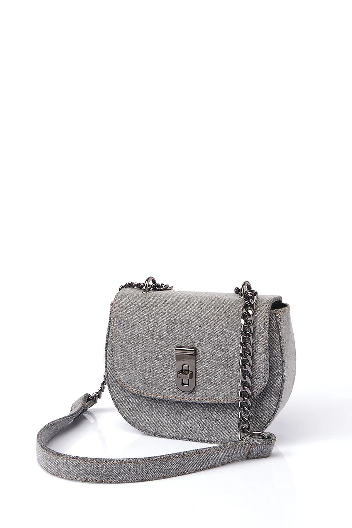 Lidded Denim Shoulder Bag Gray