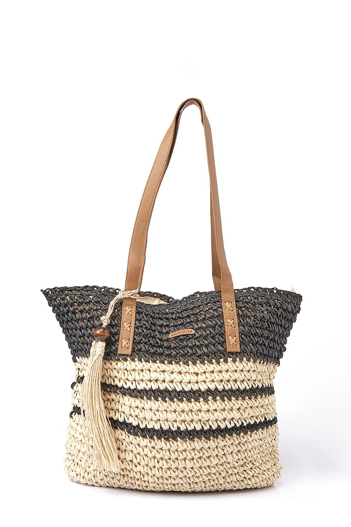 Tassel Detailed Straw Bag Cream-Black