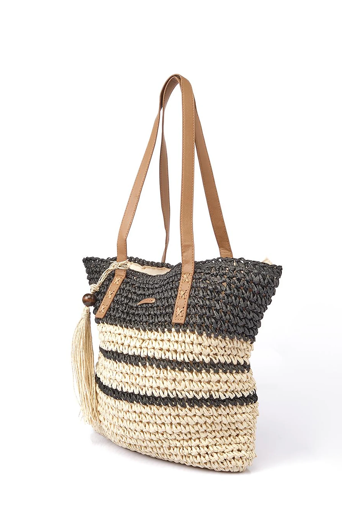 Tassel Detailed Straw Bag Cream-Black
