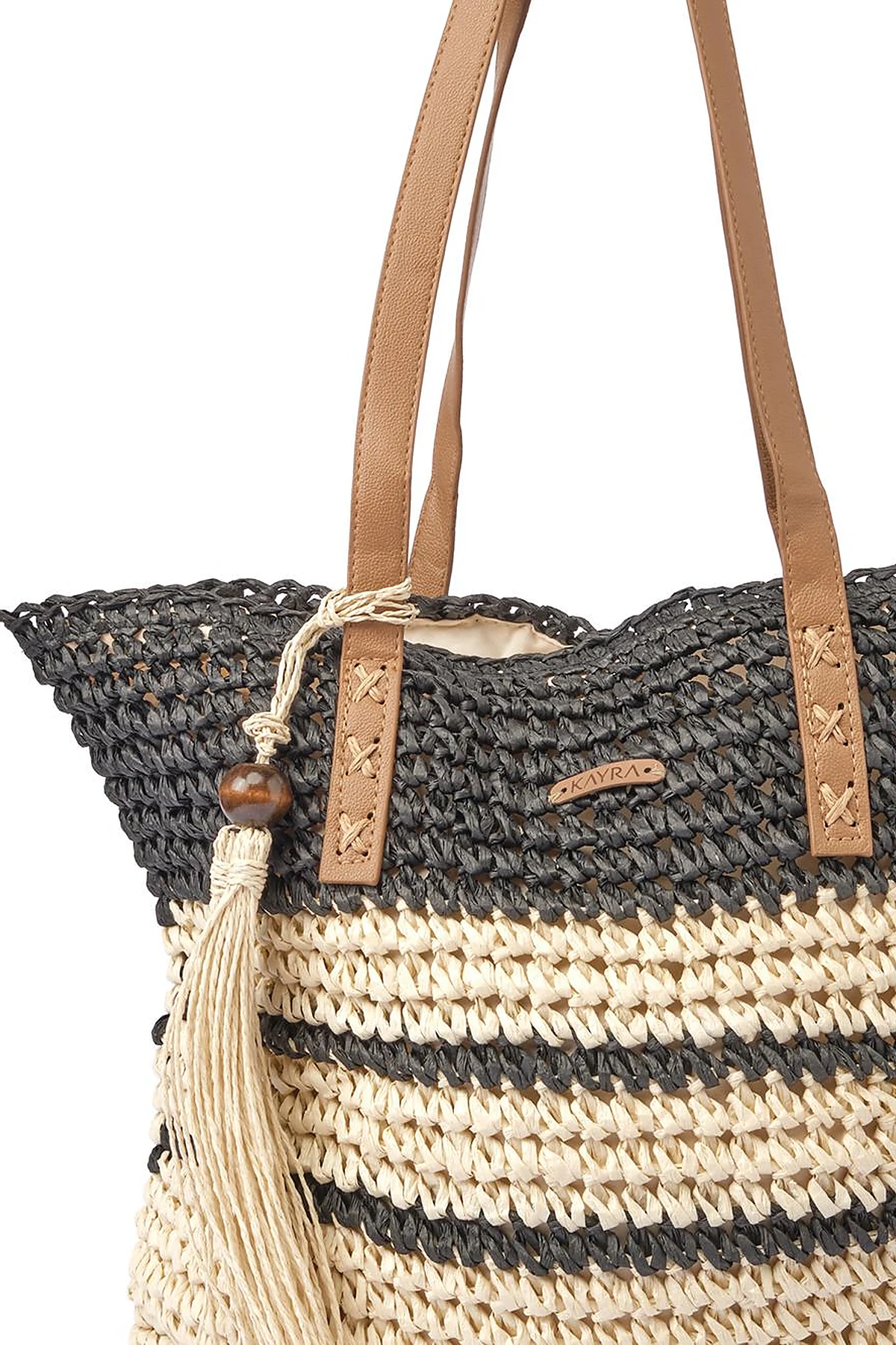 Tassel Detailed Straw Bag Cream-Black