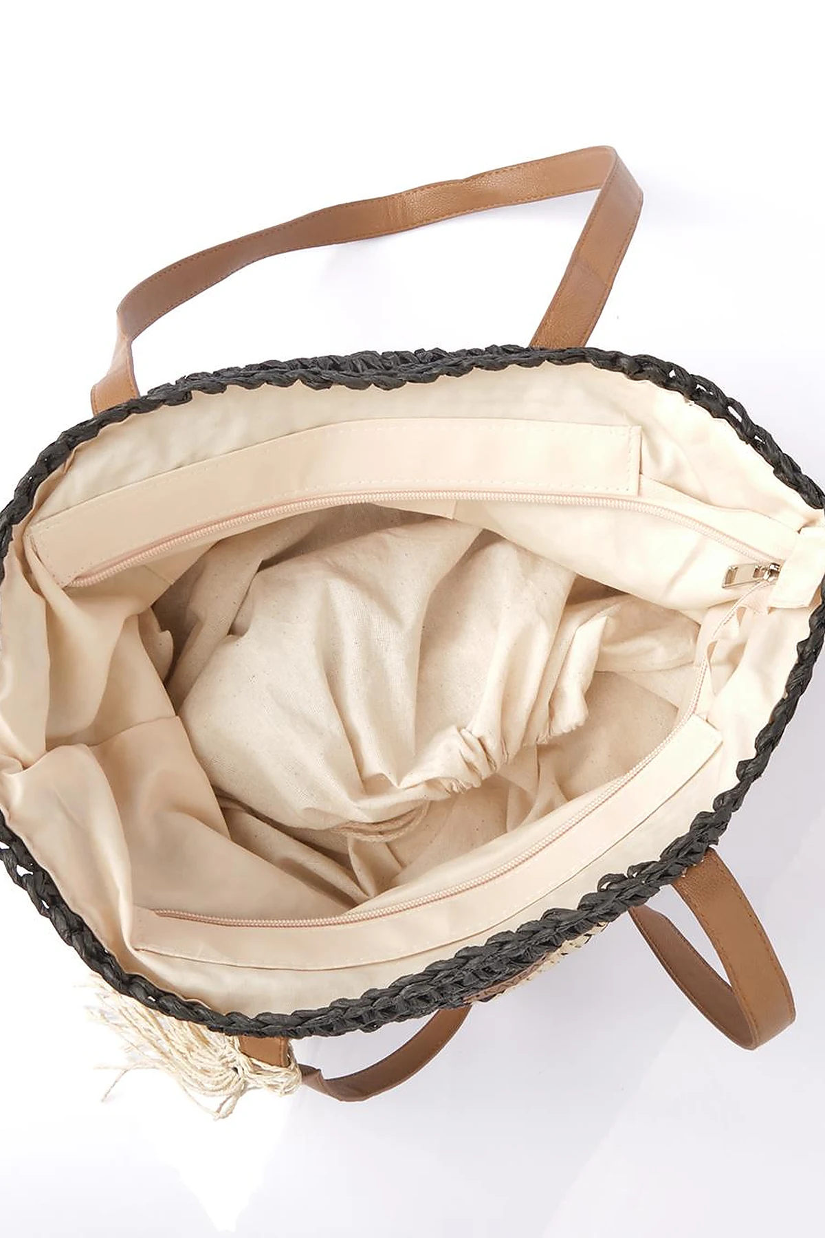 Tassel Detailed Straw Bag Cream-Black
