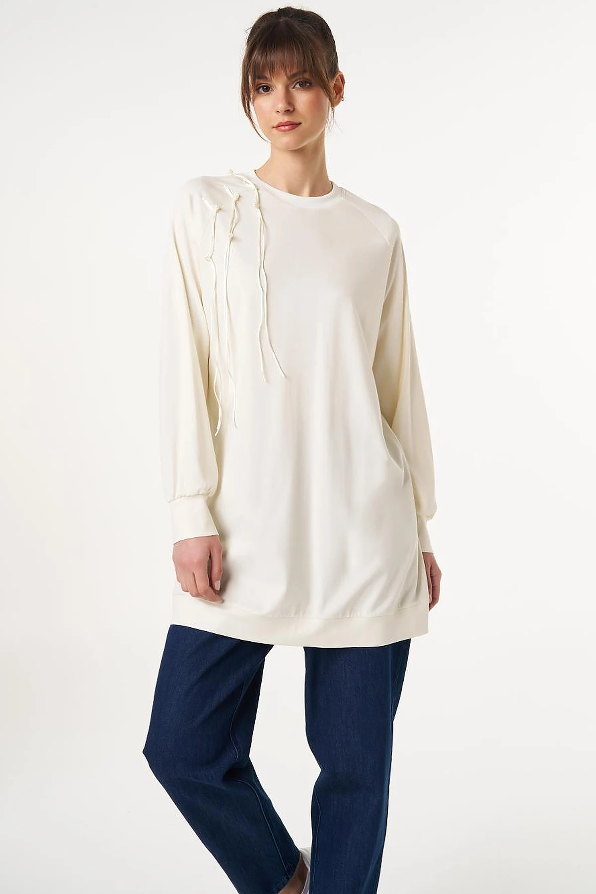 Ribbed Crew Neck Jersey Sweatshirt Ecru