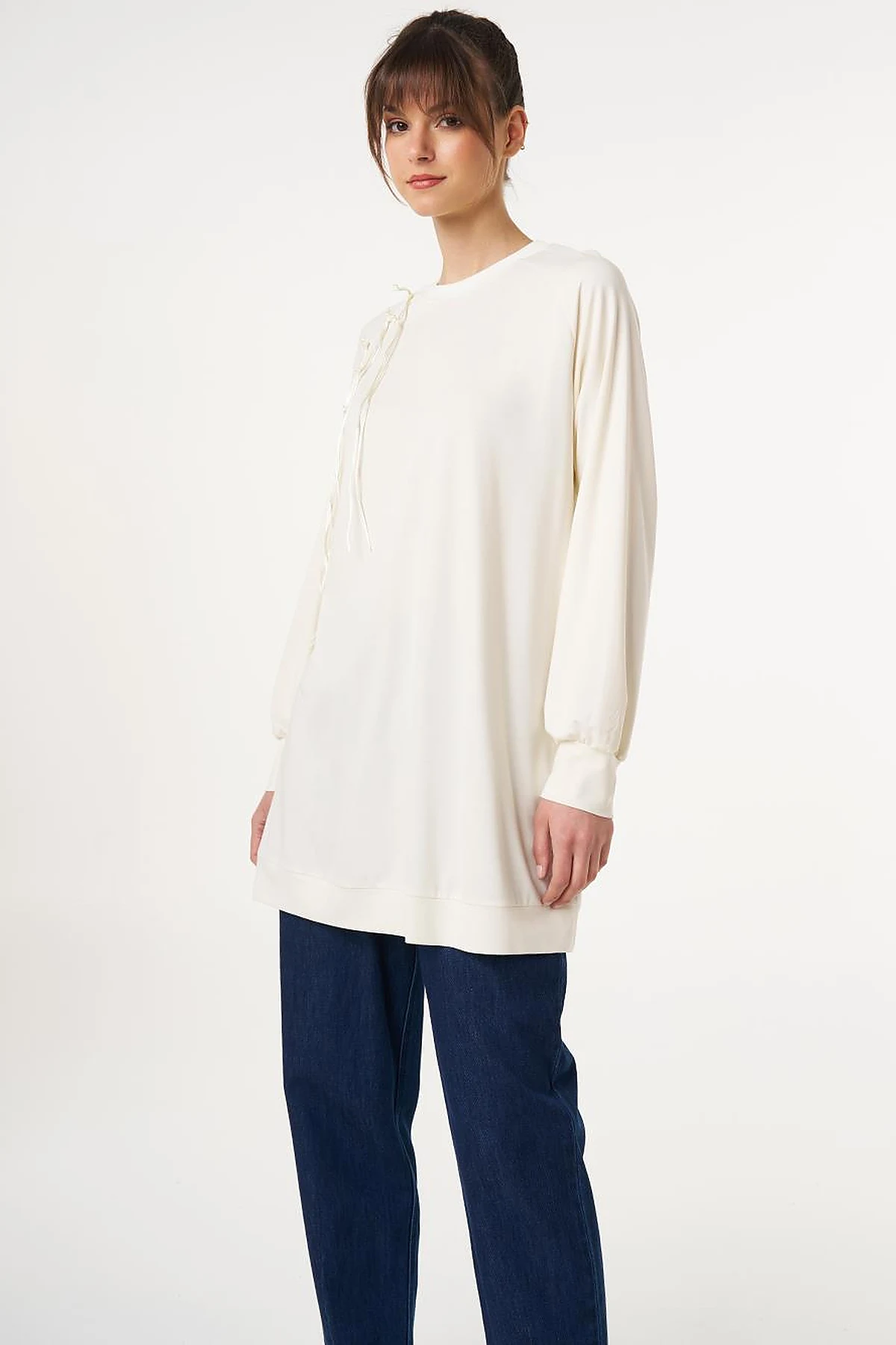 Ribbed Crew Neck Jersey Sweatshirt Ecru