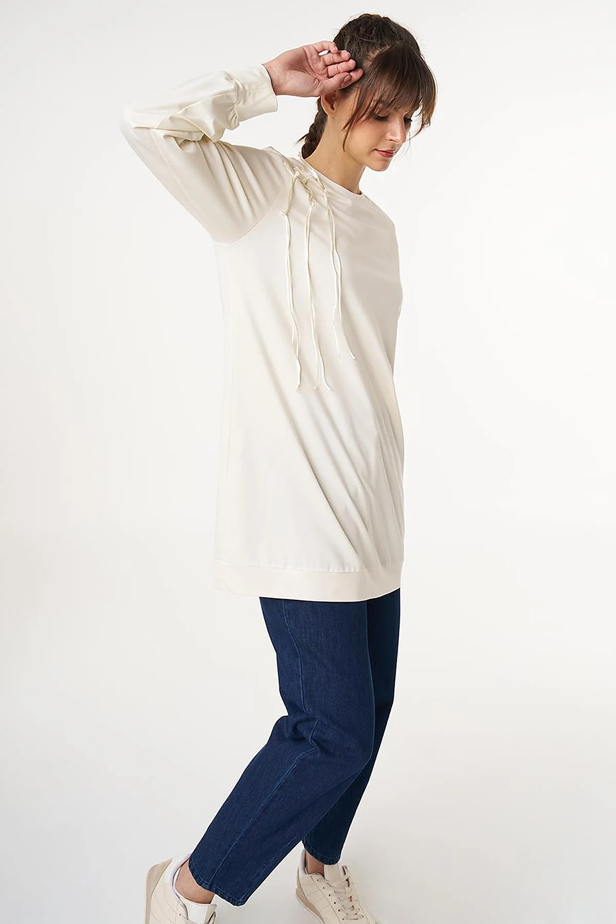 Ribbed Crew Neck Jersey Sweatshirt Ecru
