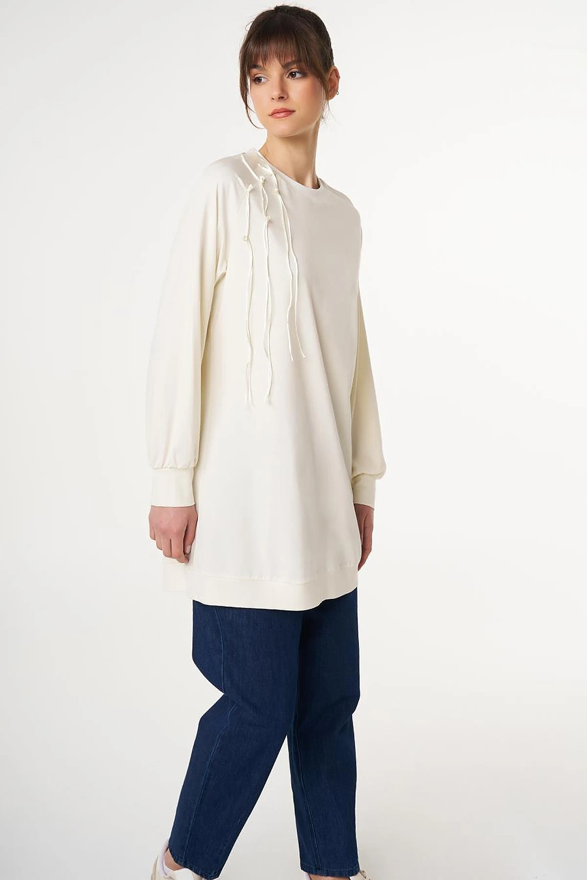 Ribbed Crew Neck Jersey Sweatshirt Ecru