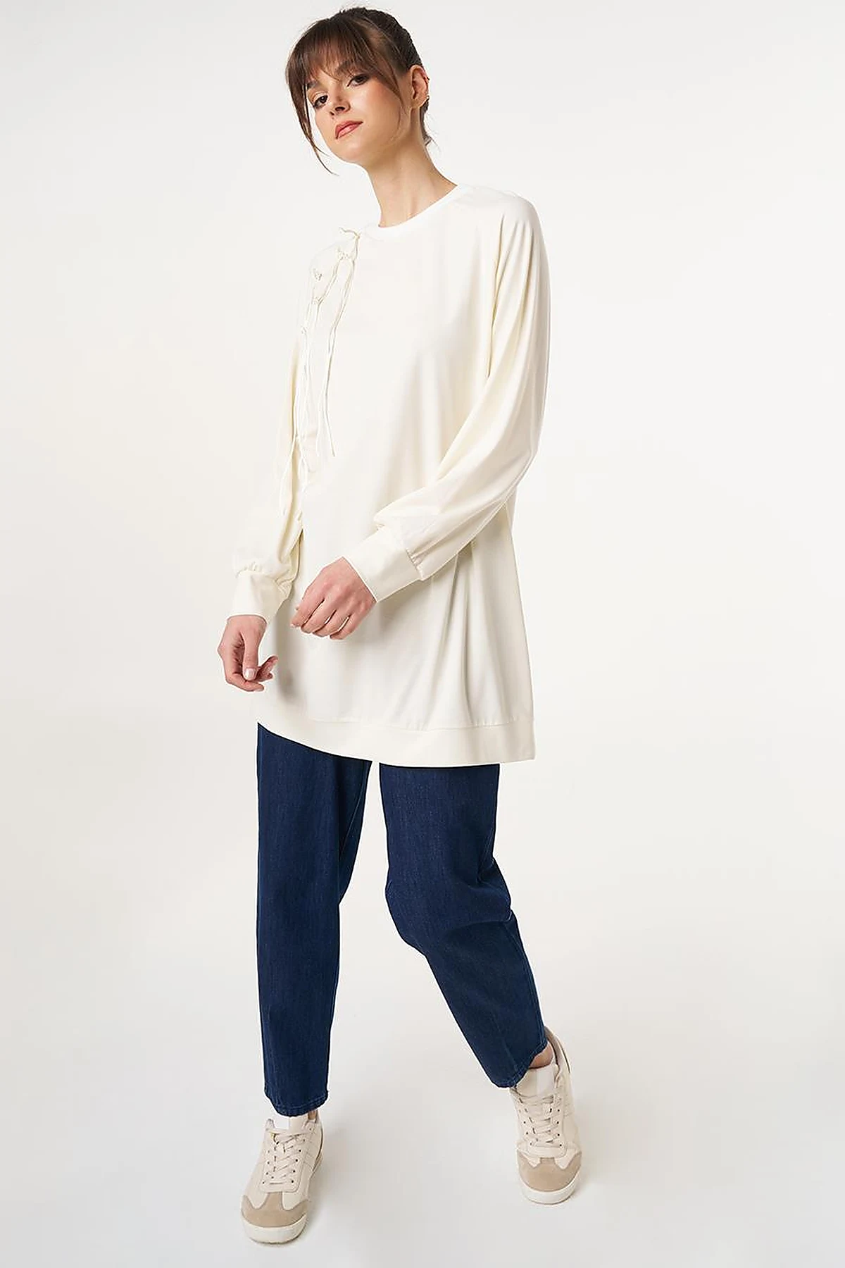 Ribbed Crew Neck Jersey Sweatshirt Ecru