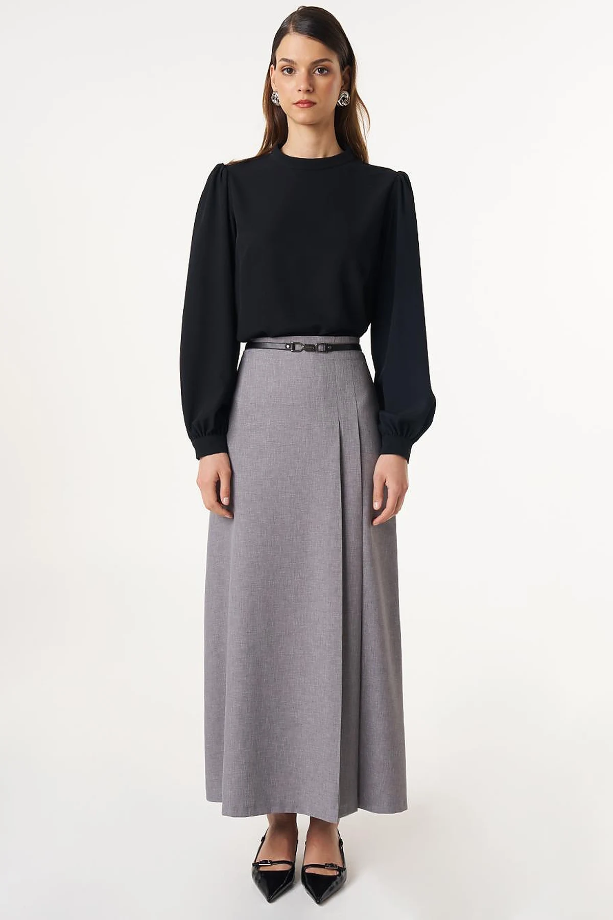 Belted Pleated Skirt Gray 