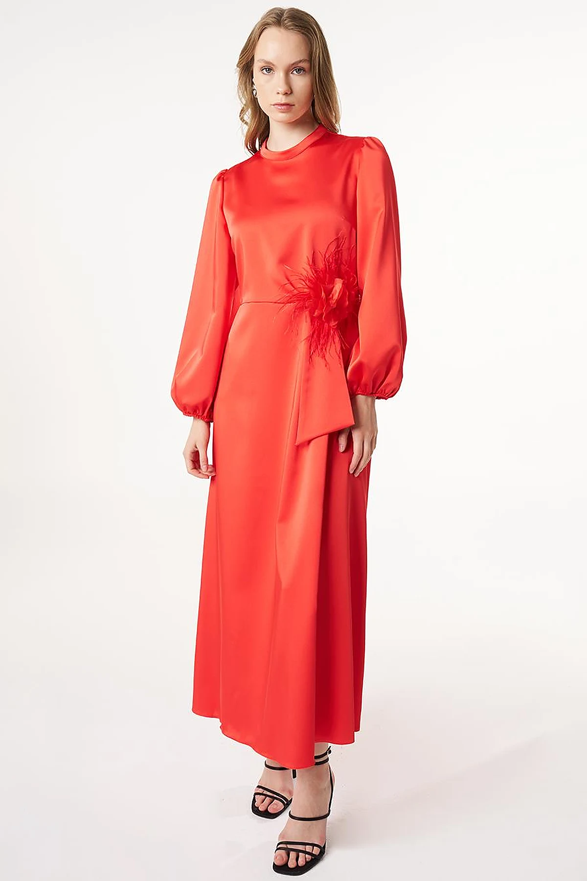 Feather-Detail Satin Dress Poppy Red