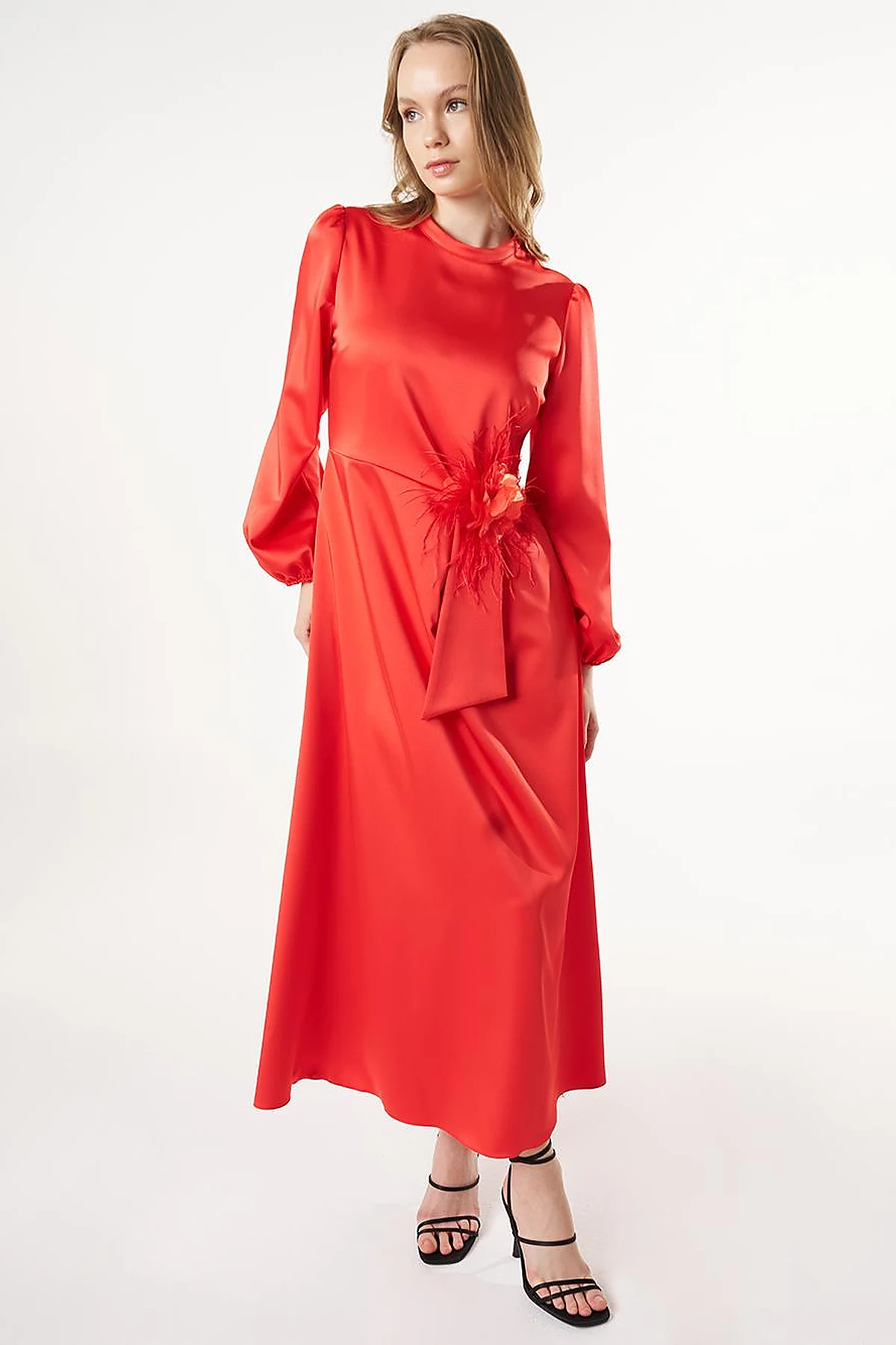 Feather-Detail Satin Dress Poppy Red