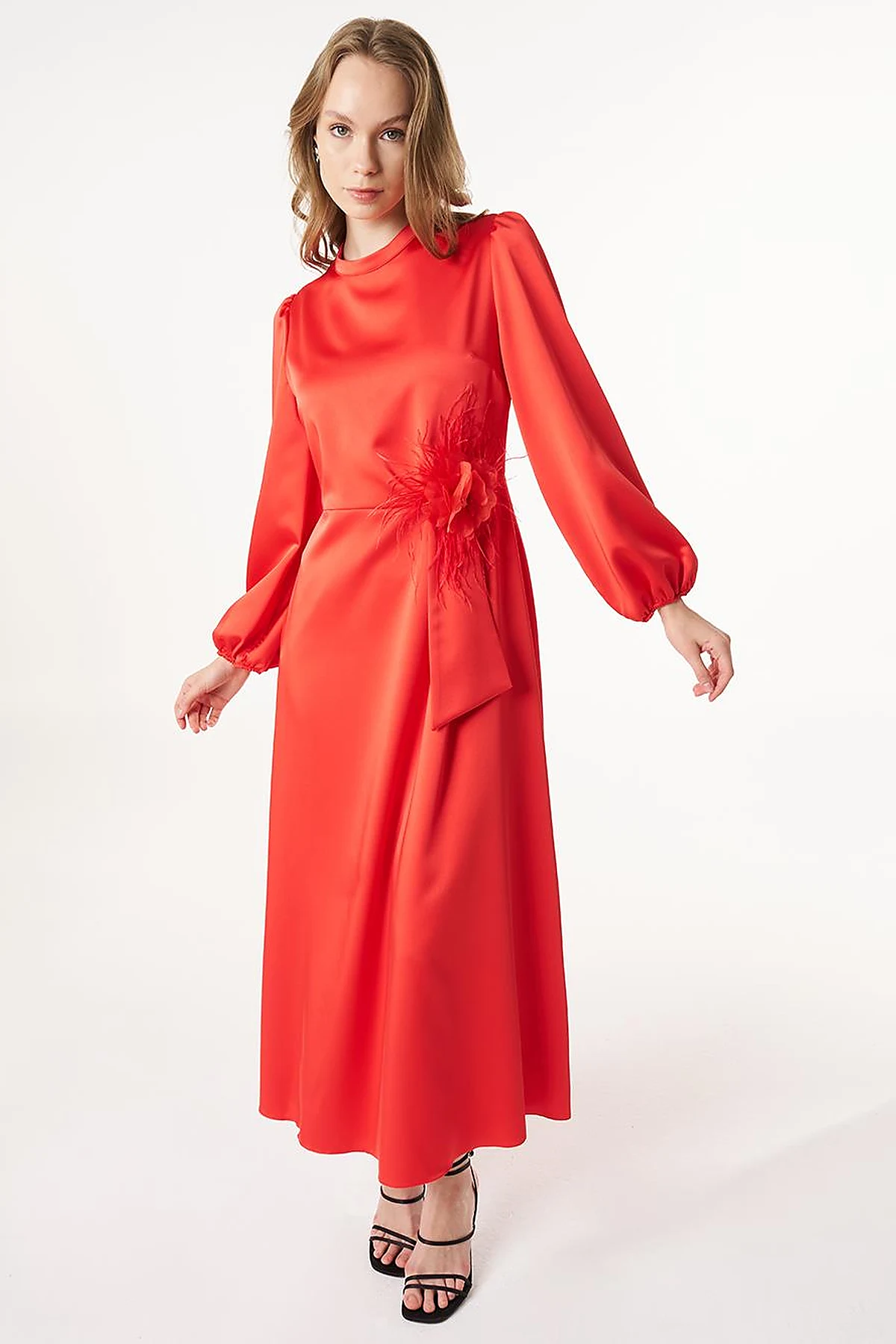 Feather-Detail Satin Dress Poppy Red