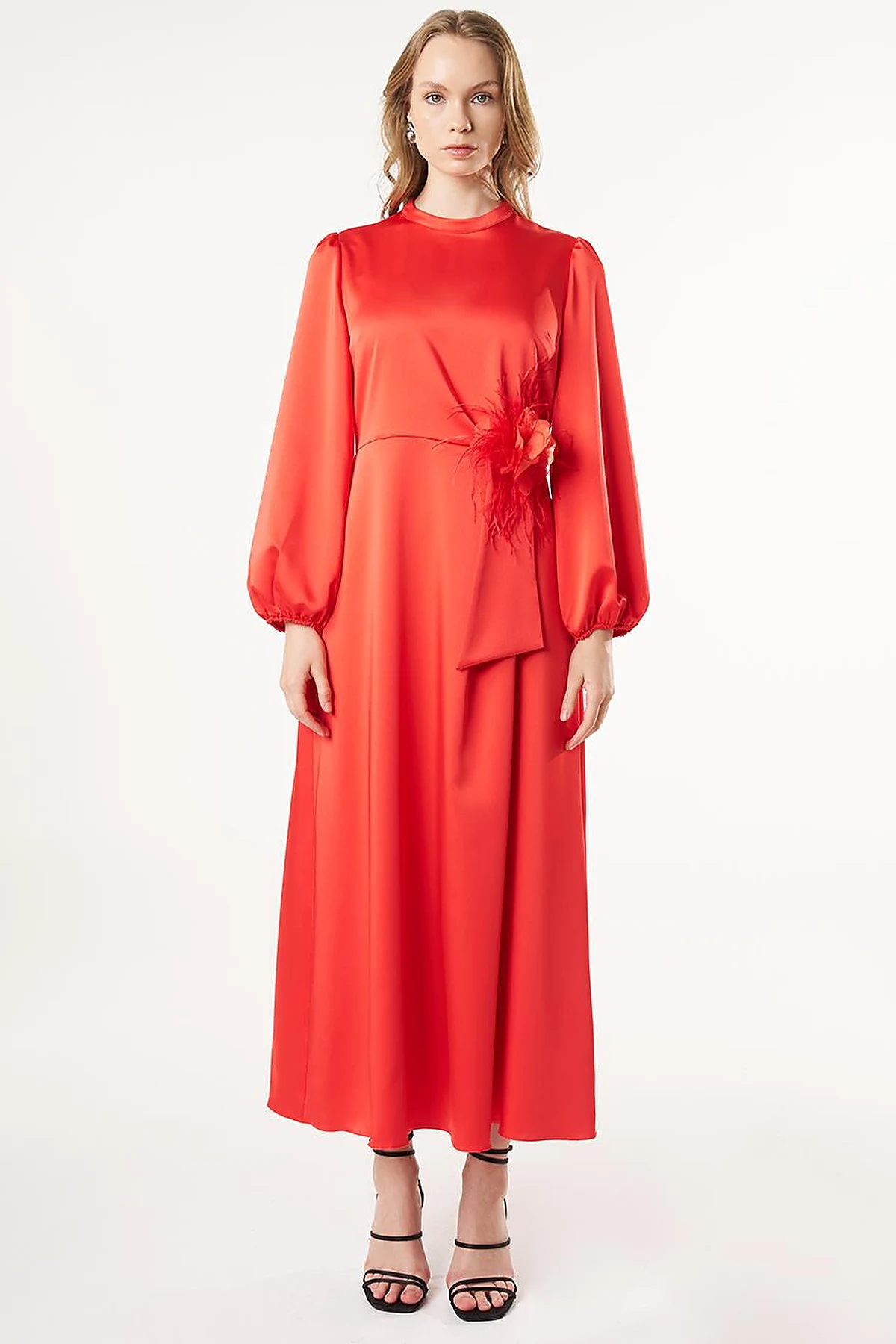 Feather-Detail Satin Dress Poppy Red