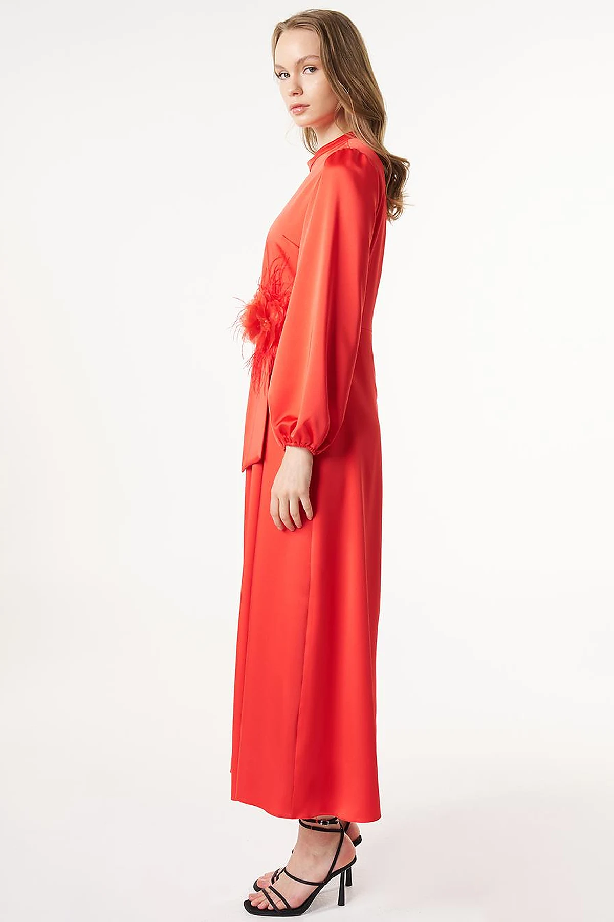 Feather-Detail Satin Dress Poppy Red