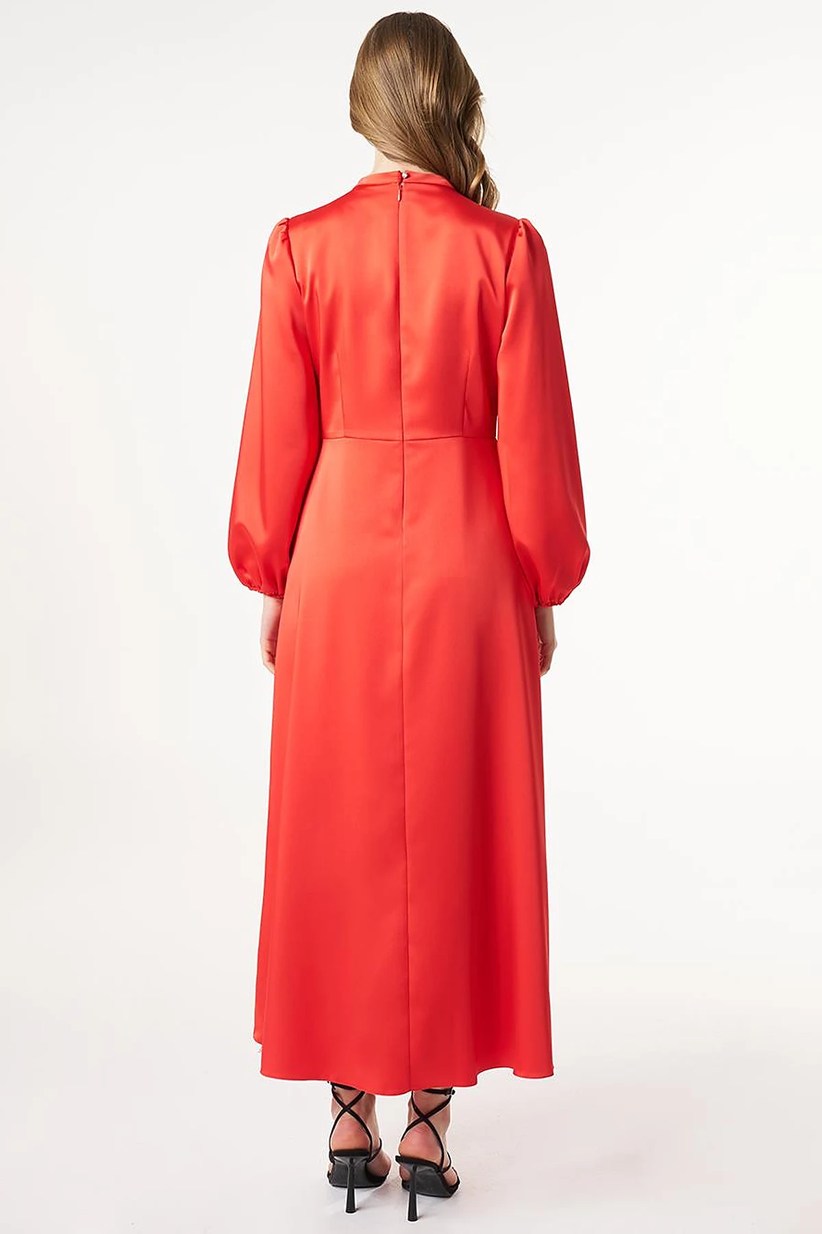 Feather-Detail Satin Dress Poppy Red