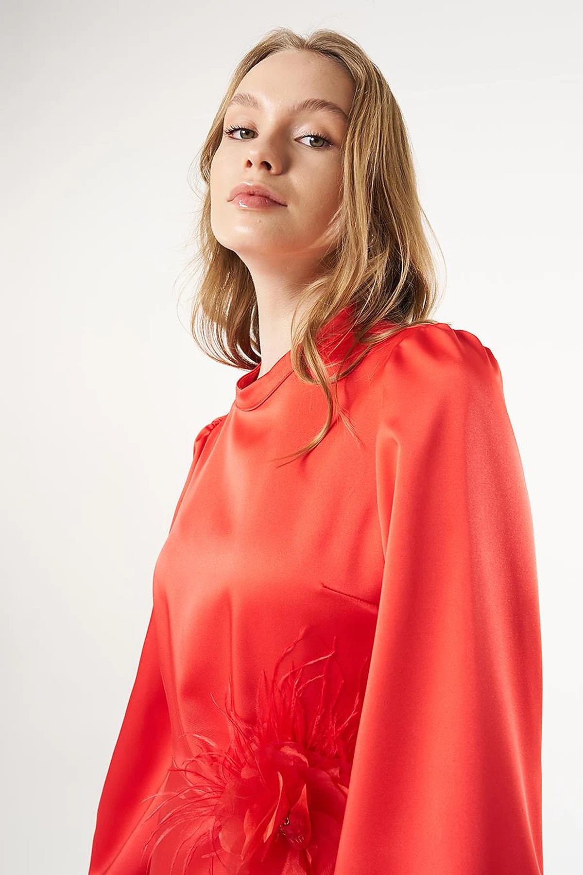 Feather-Detail Satin Dress Poppy Red