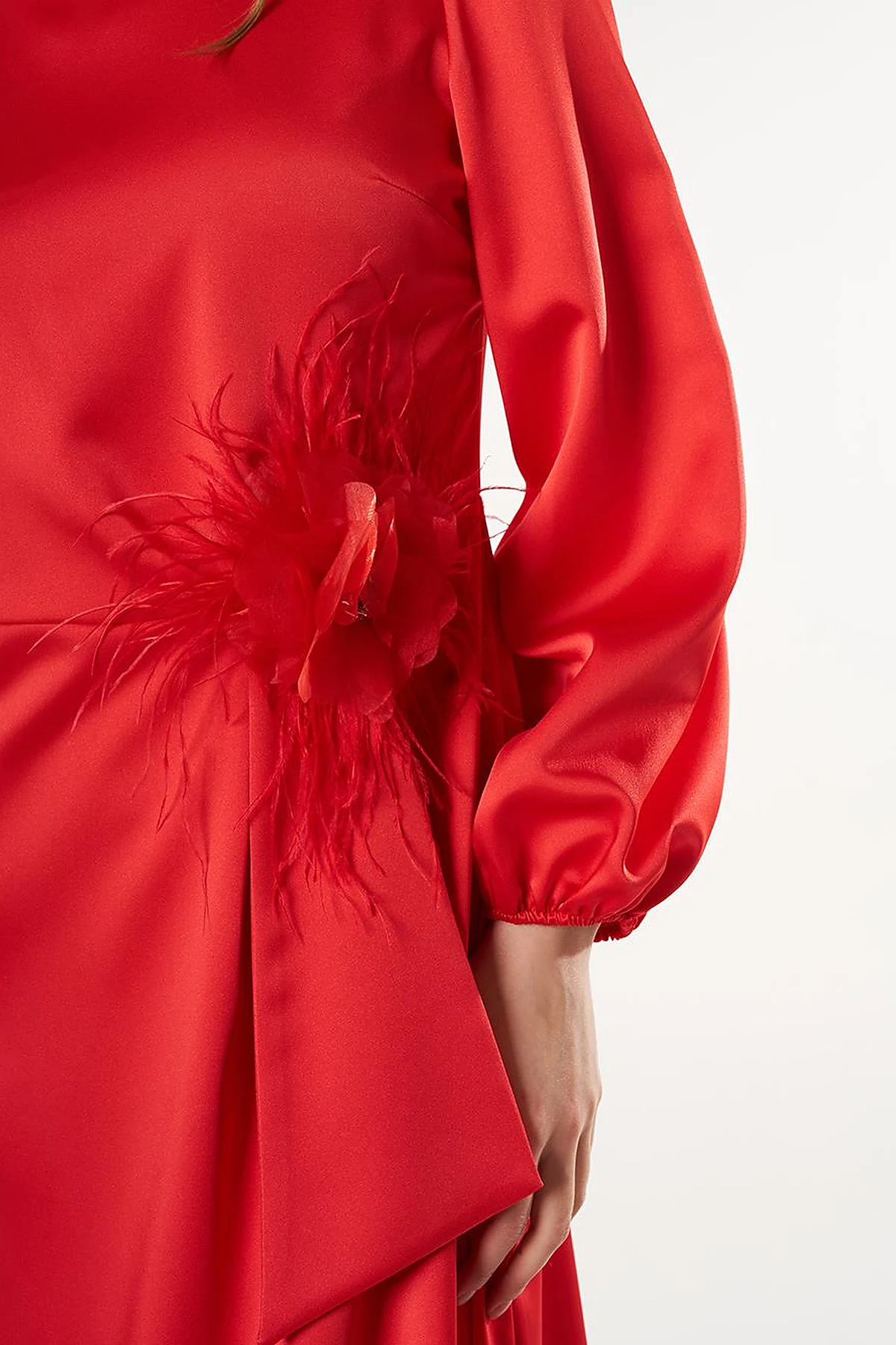 Feather-Detail Satin Dress Poppy Red
