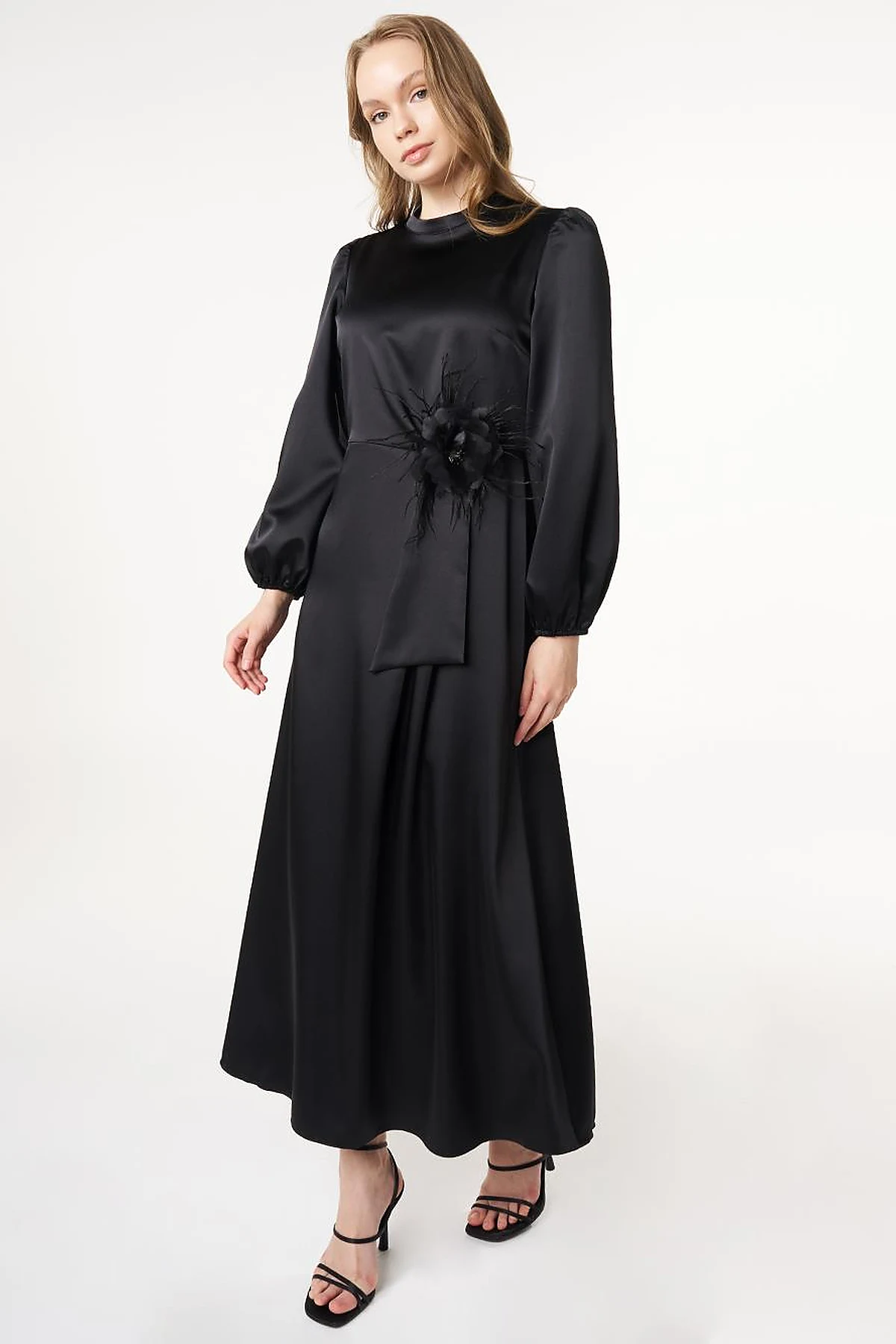 Feather-Detail Satin Dress Black 