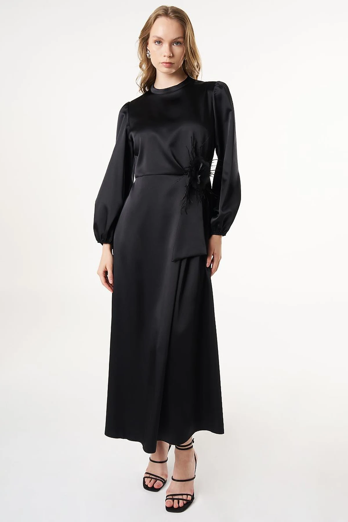 Feather-Detail Satin Dress Black 