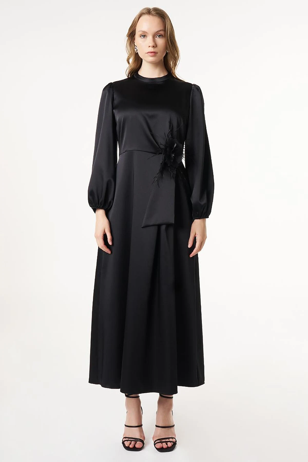 Feather-Detail Satin Dress Black 