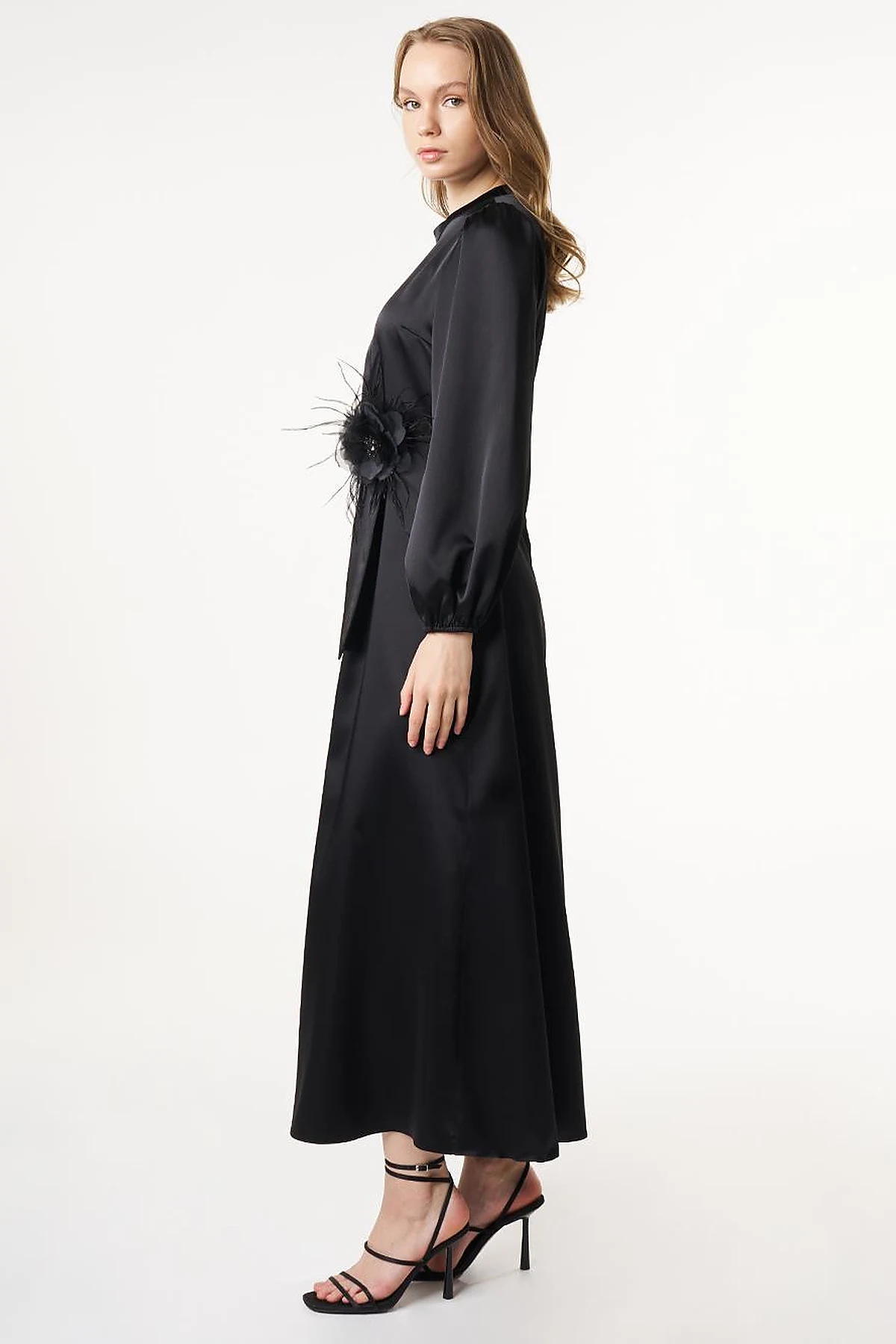 Feather-Detail Satin Dress Black 