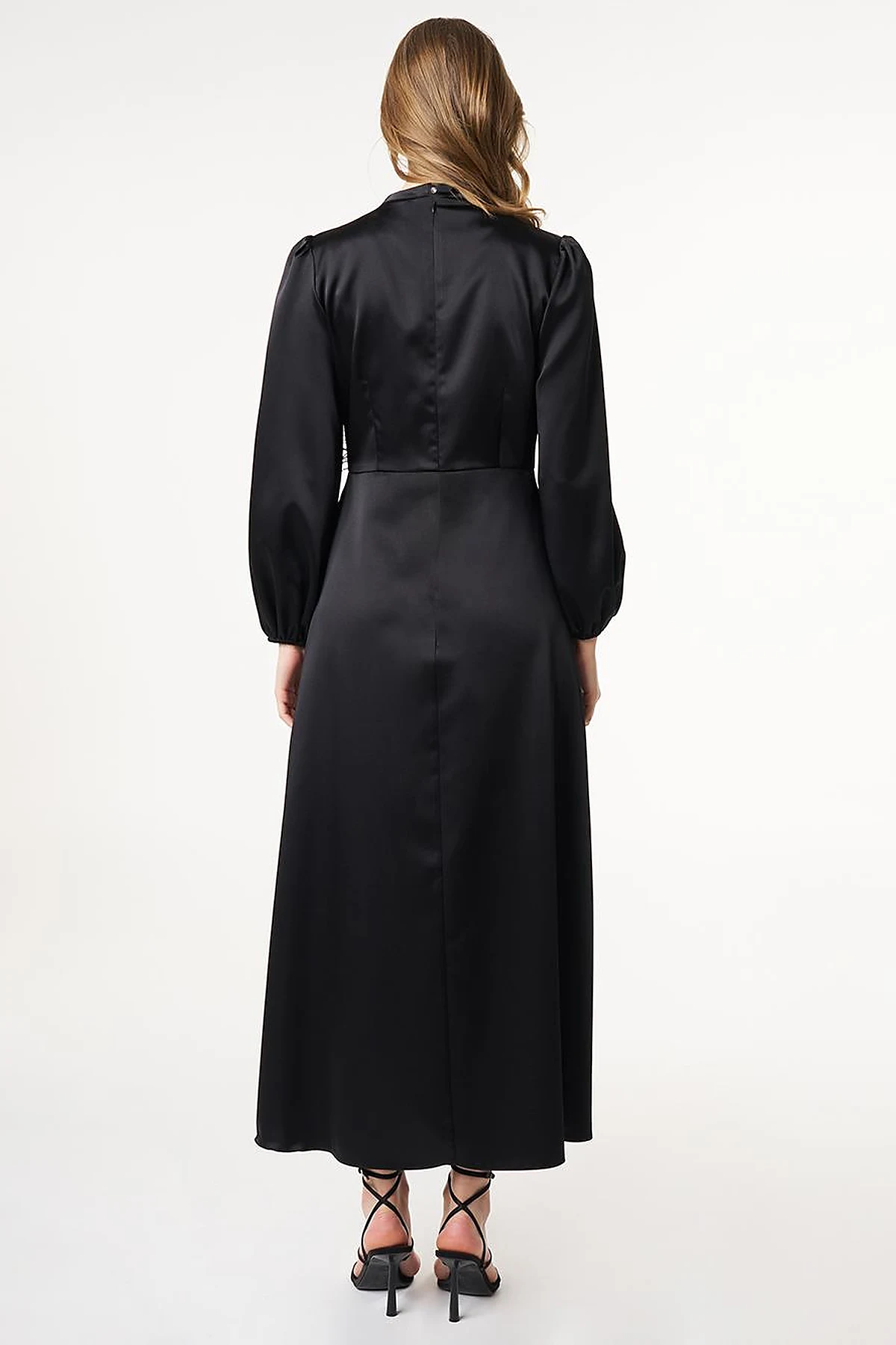 Feather-Detail Satin Dress Black 