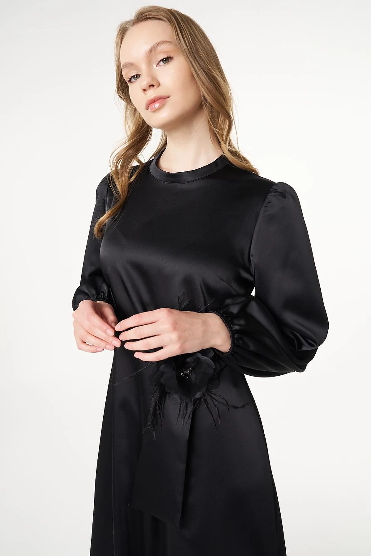 Feather-Detail Satin Dress Black 